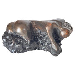 Reclining Female Sculpture – Black Patina – Raw Clay – 1970s