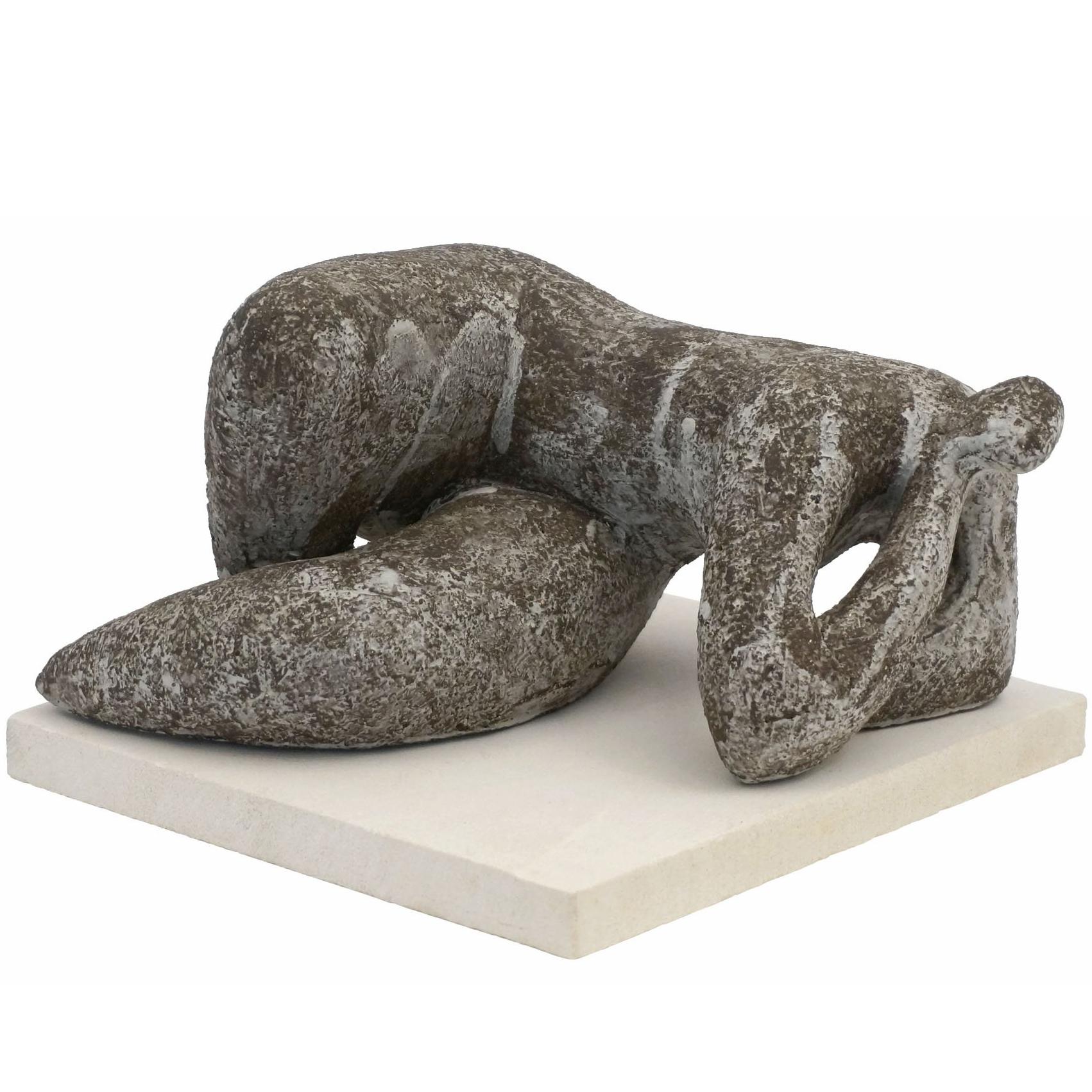 Reclining Figurative Gres Noir Sculpture on Stone Base by Cristelle Berberian For Sale