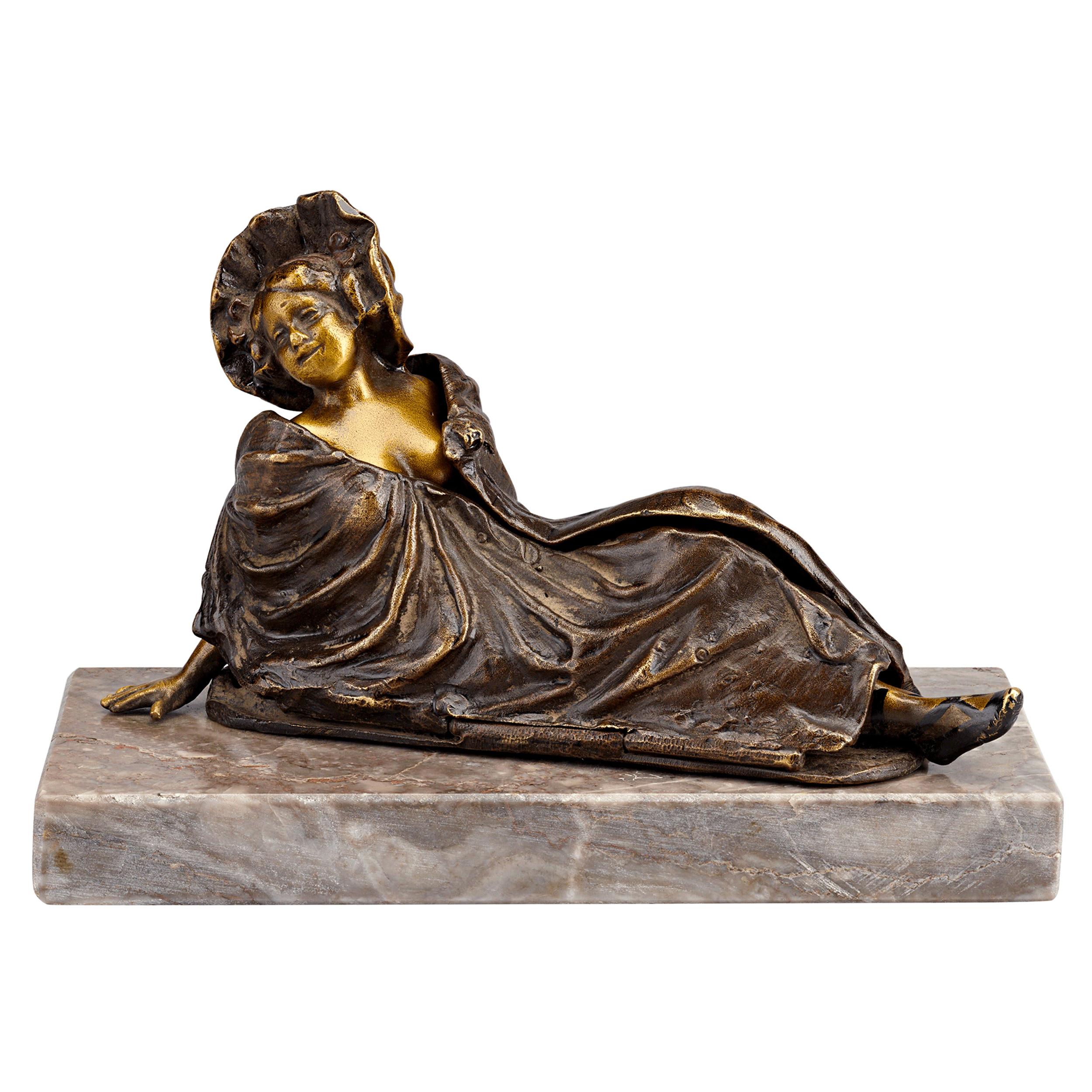 Reclining Lady Erotic Bronze by Franz Bergmann