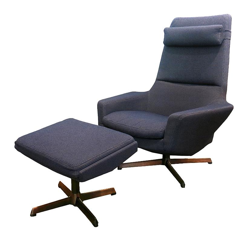 This IB Madsen chair and ottoman show the remarkable elements of Danish design. The chair swivels, rocks and reclines with three locking positions. The ottoman also has three locking positions and the headrest adjusts as well. The upholstery appears