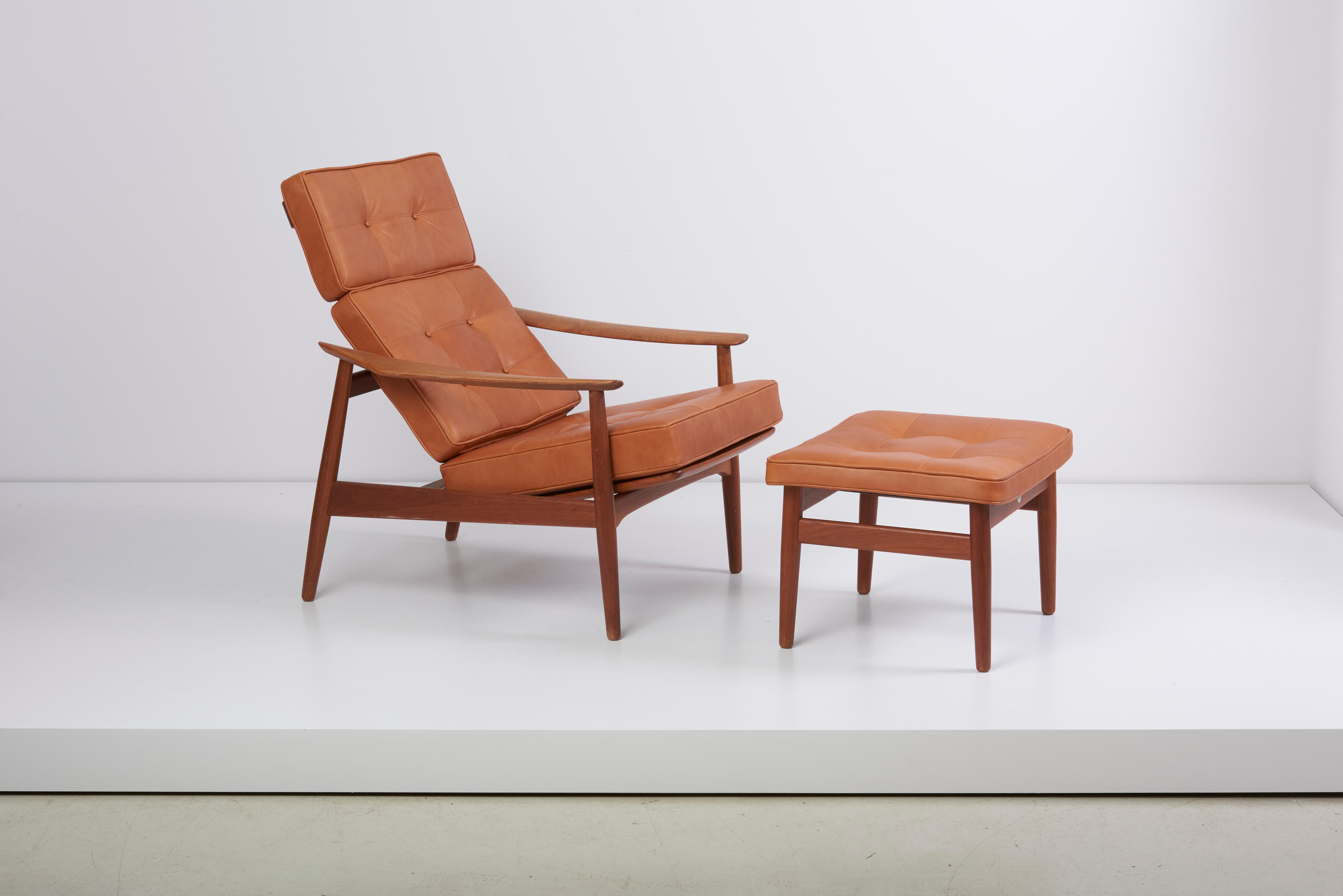 Leather Reclining Lounge Chair FD 164 with Ottoman by Arne Vodder, Denmark, 1960s