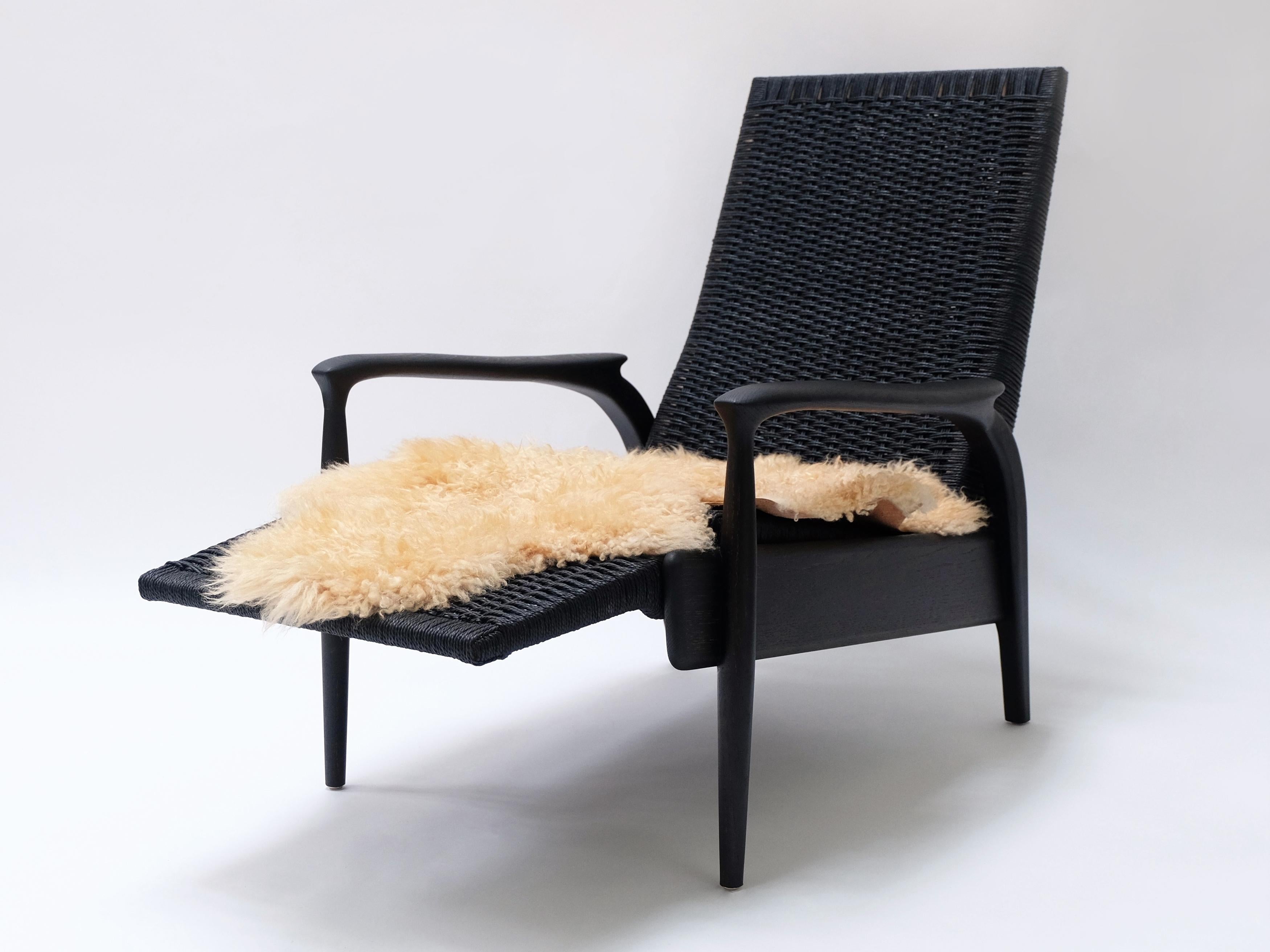 Reclining Lounge Chair in Blackened Oak& Black Danish Cord with Leather Cushions For Sale 2