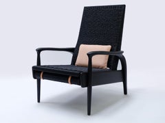 Reclining Lounge Chair in Blackened Oak& Black Danish Cord with Leather Cushions