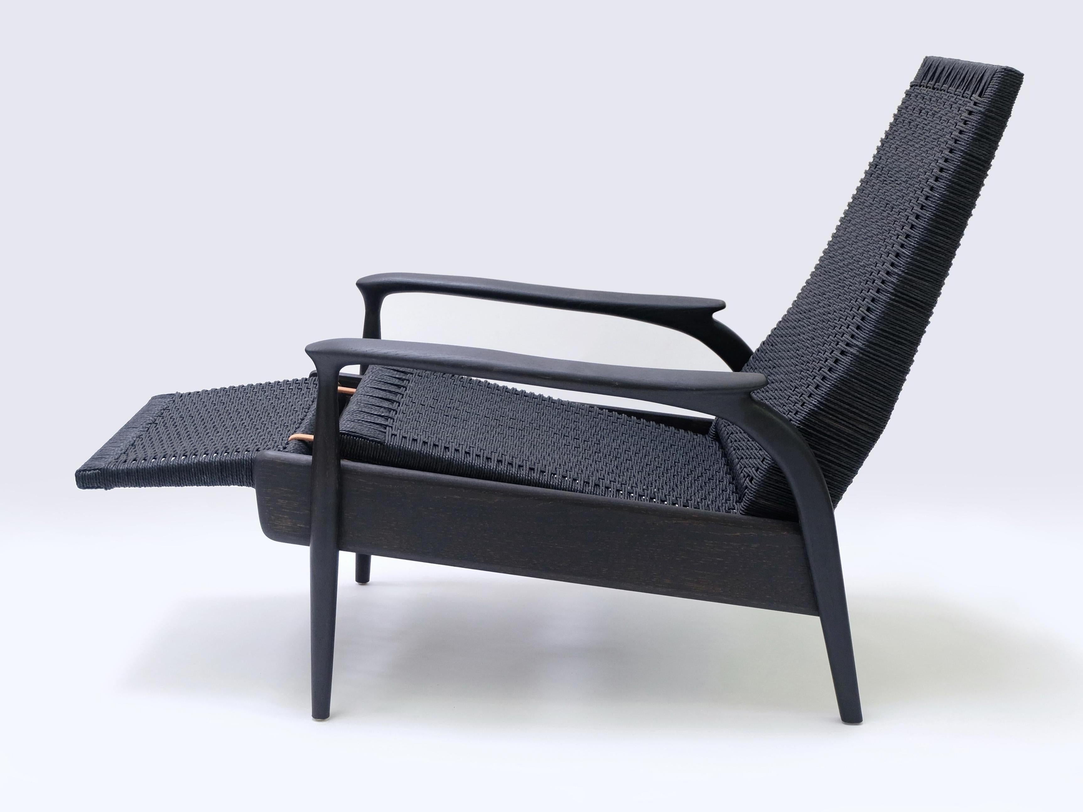 Brass Reclining Lounge Chair in Blackened Oak& Black Danish Cord with Leather Cushions For Sale