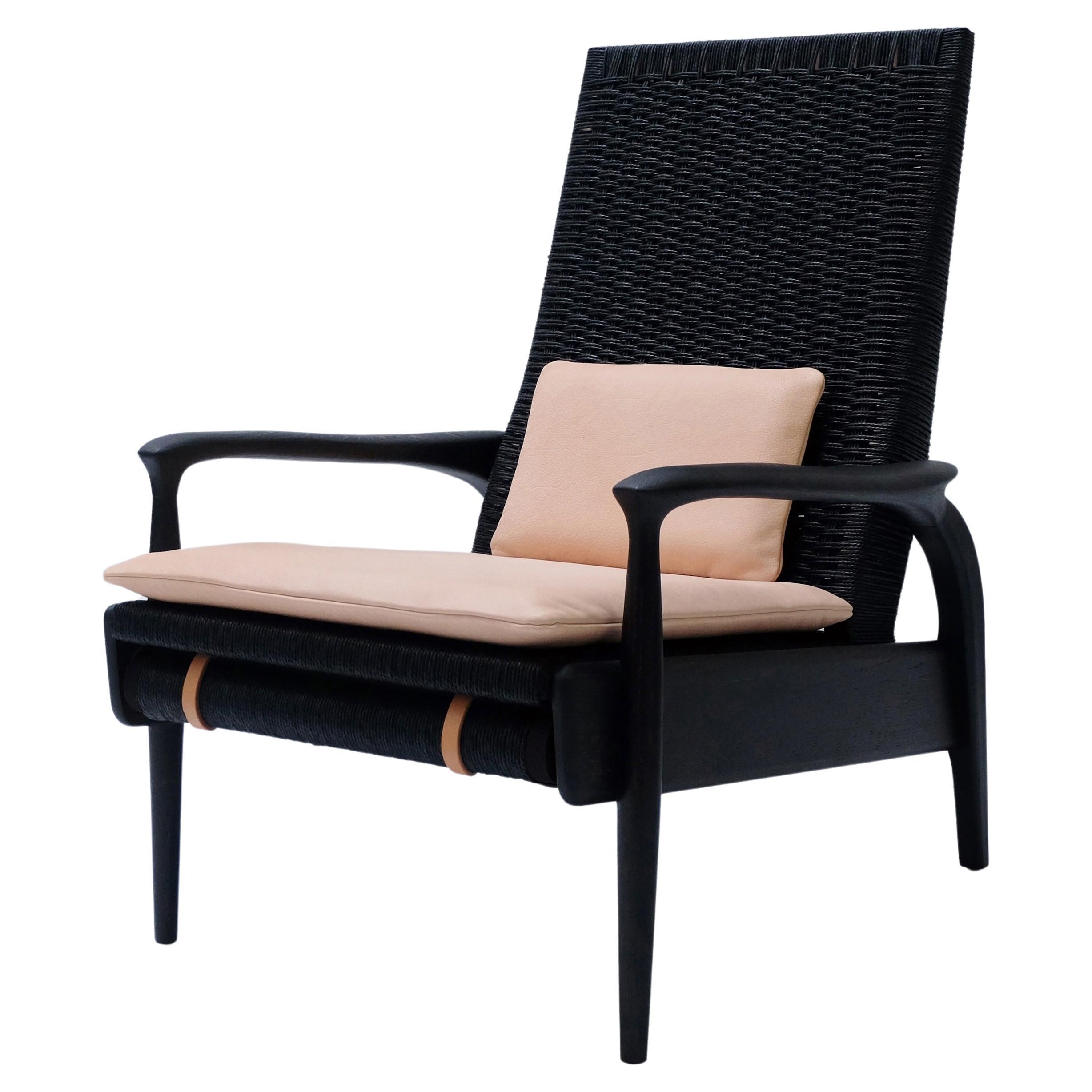 Reclining Lounge Chair in Blackened Oak& Black Danish Cord with Leather Cushions For Sale