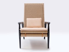 Reclining Lounge Chair in Blackened Oak& Natural Danish Cord, Leather Cushions