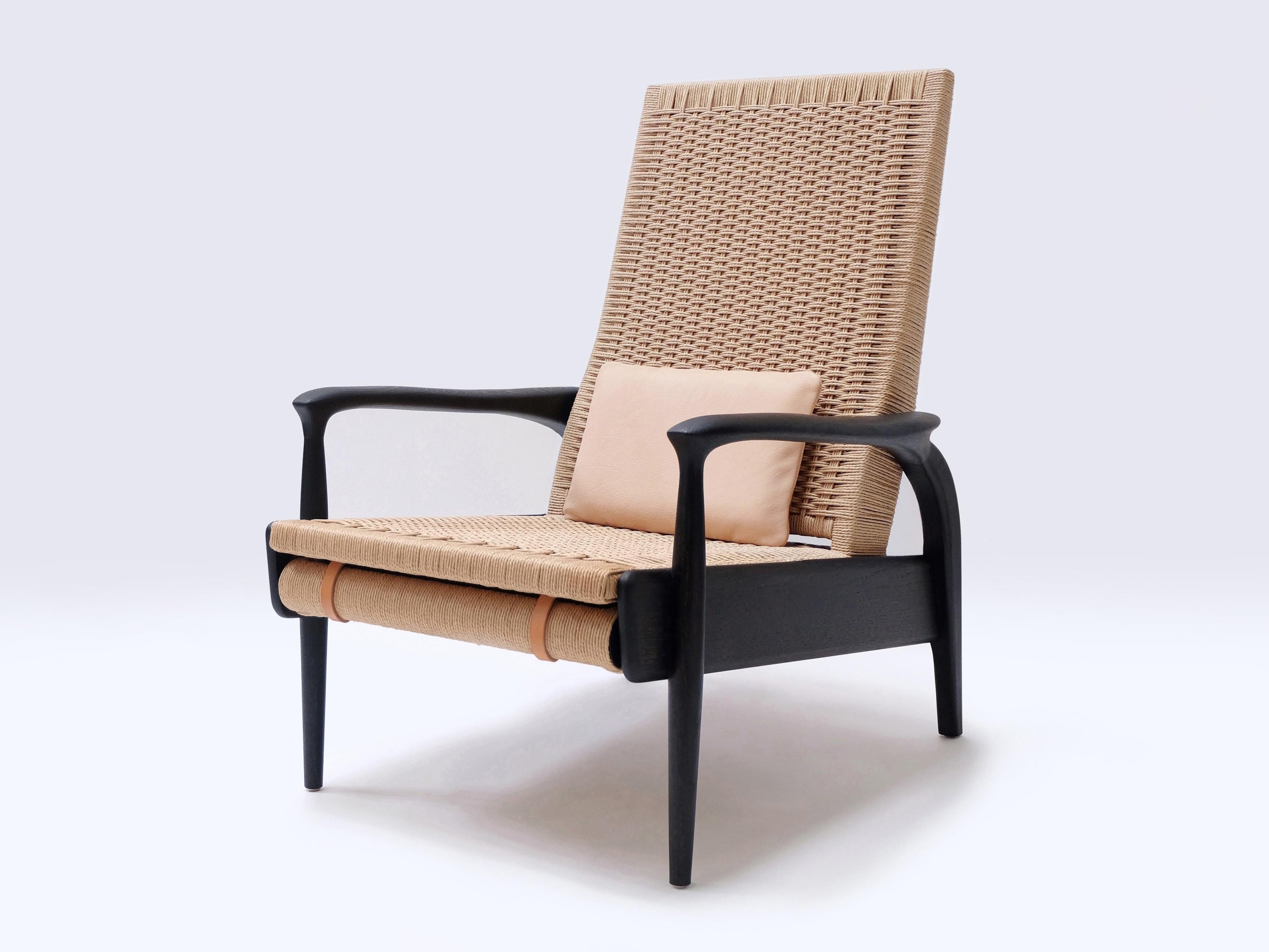 Scandinavian Modern Reclining Lounge Chair in Blackened Oak& Natural Danish Cord, Leather Cushions For Sale