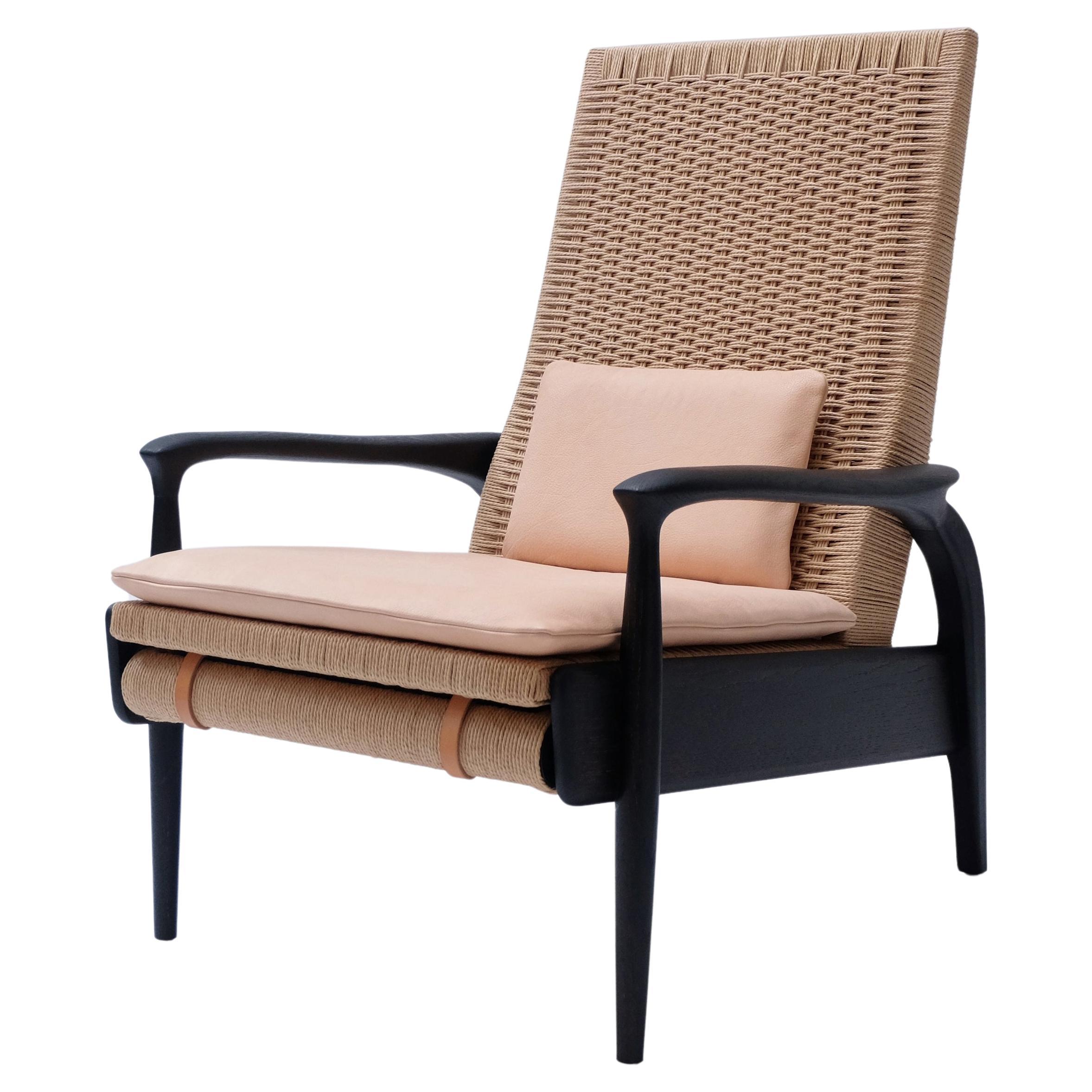 Reclining Lounge Chair in Blackened Oak& Natural Danish Cord, Leather Cushions