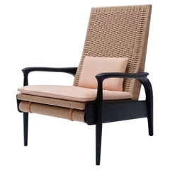 Chaise longue inclinable en chêne noirci et cordon danois naturel, coussins en cuir