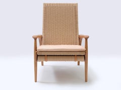 Reclining Lounge Chair in Oiled Oak& Natural Danish Cord with Leather Cushions