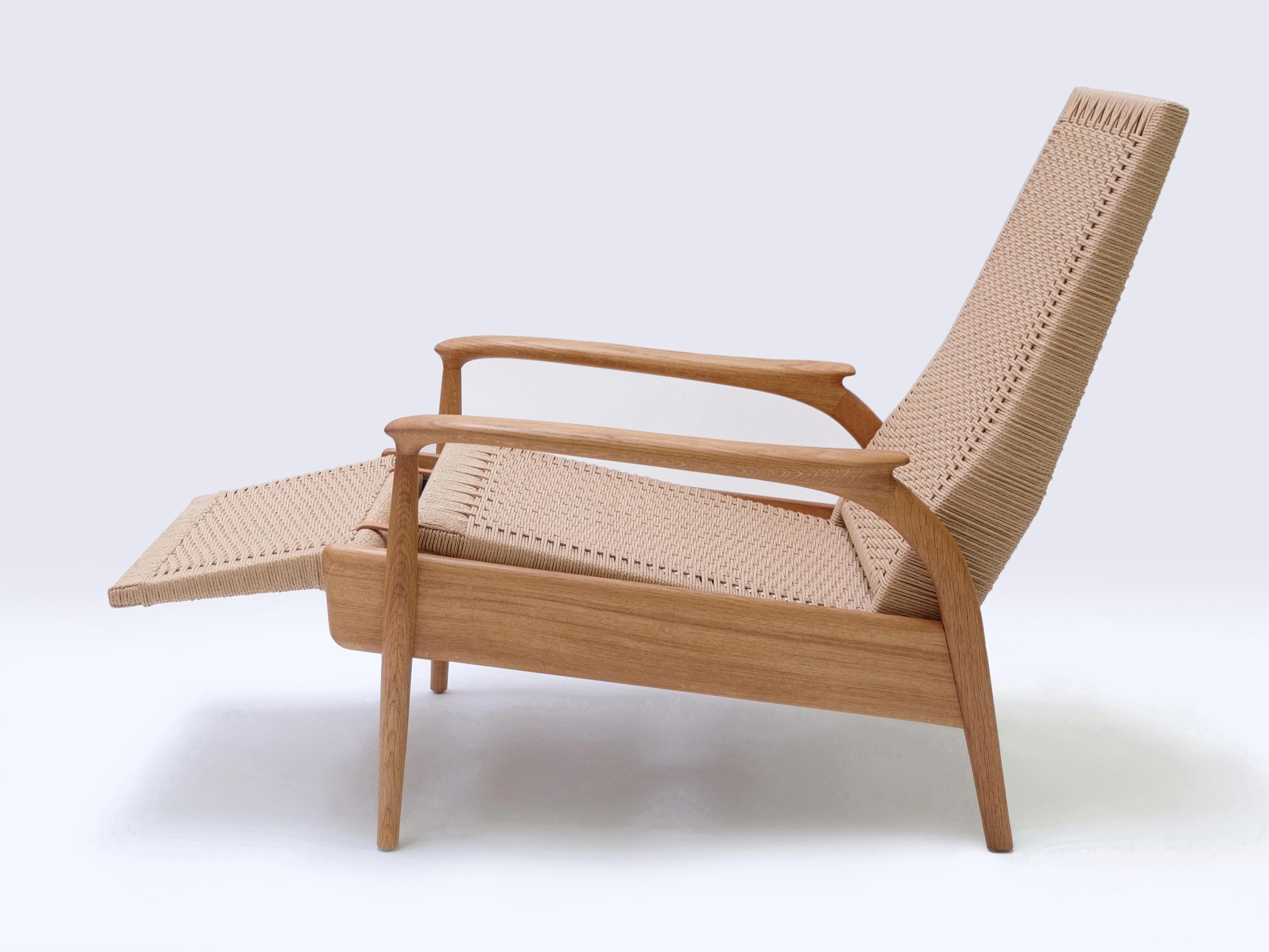 Brass Reclining Lounge Chair in Oiled Oak& Natural Danish Cord with Leather Cushions For Sale