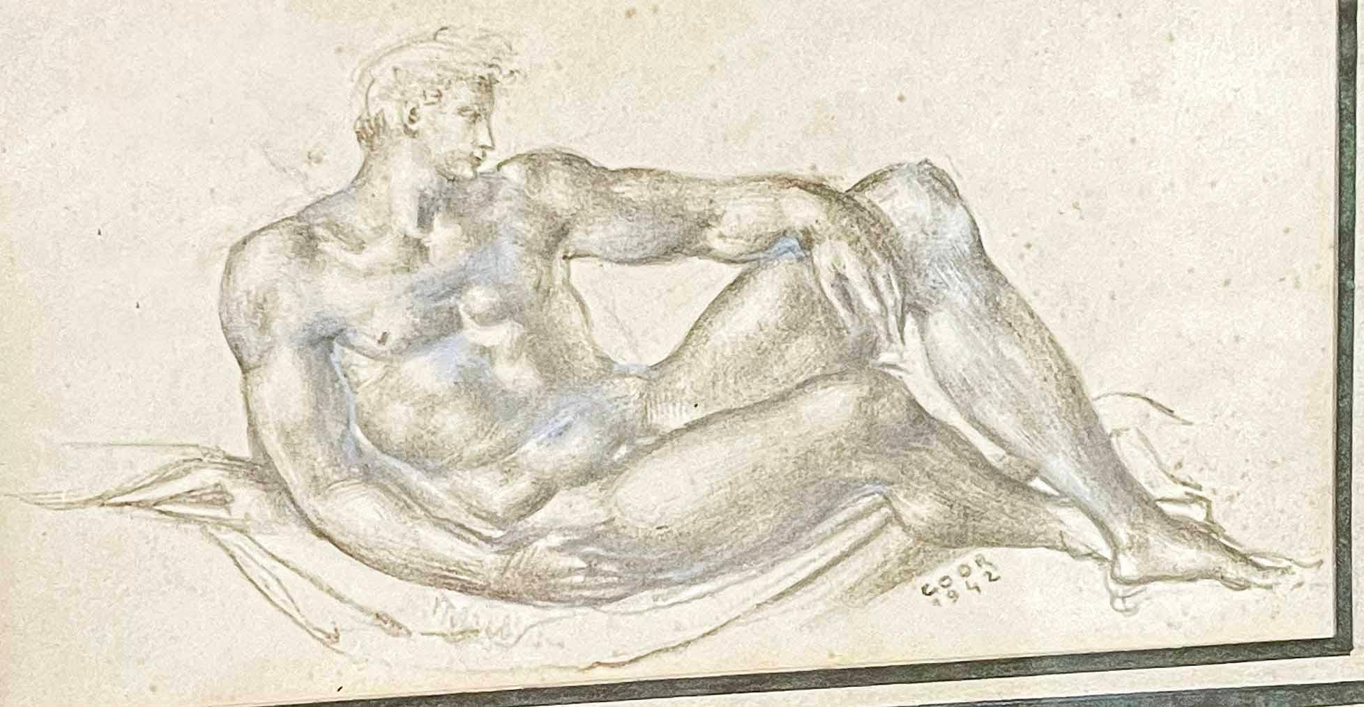 Diese 1942 von Gaston Goor gezeichnete Zeichnung eines liegenden männlichen Aktes, die auf dem Höhepunkt des Art déco in den 1940er Jahren in Frankreich entstand und eindeutig von den monumentalen männlichen Akten Michelangelos und der italienischen