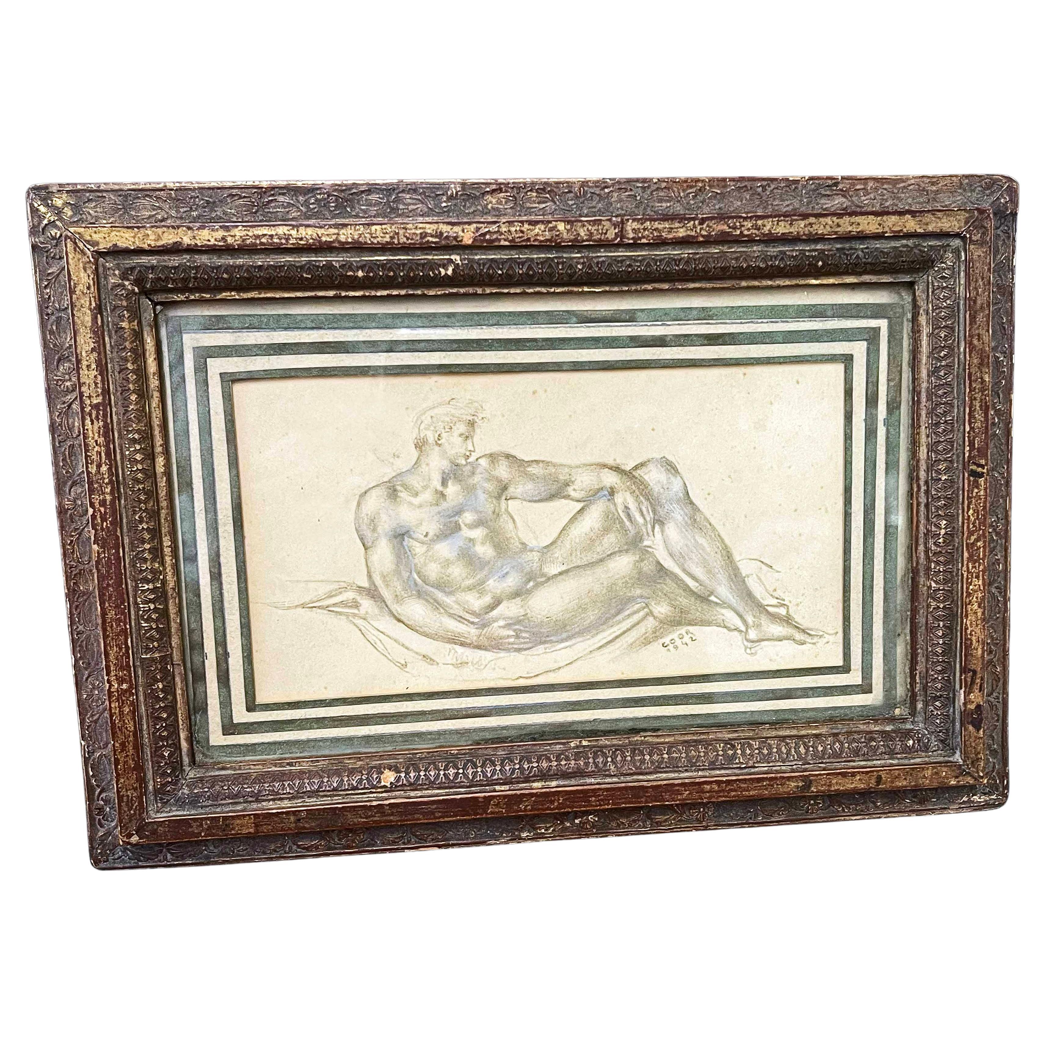 "Reclining Male Nude, " Antique Hinged Box with Inset Drawing by Gaston Goor For Sale