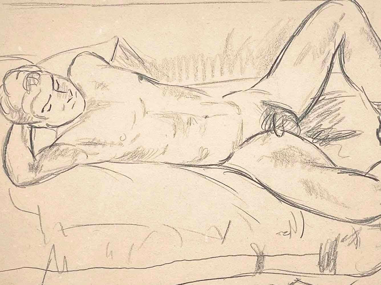 This important, beautifully rendered drawing of a reclining male nude figure was made by Edward Wolfe, who was born in South Africa but spent much of his career in Great Britain in the company of Duncan Grant and other celebrated gay artists.  A