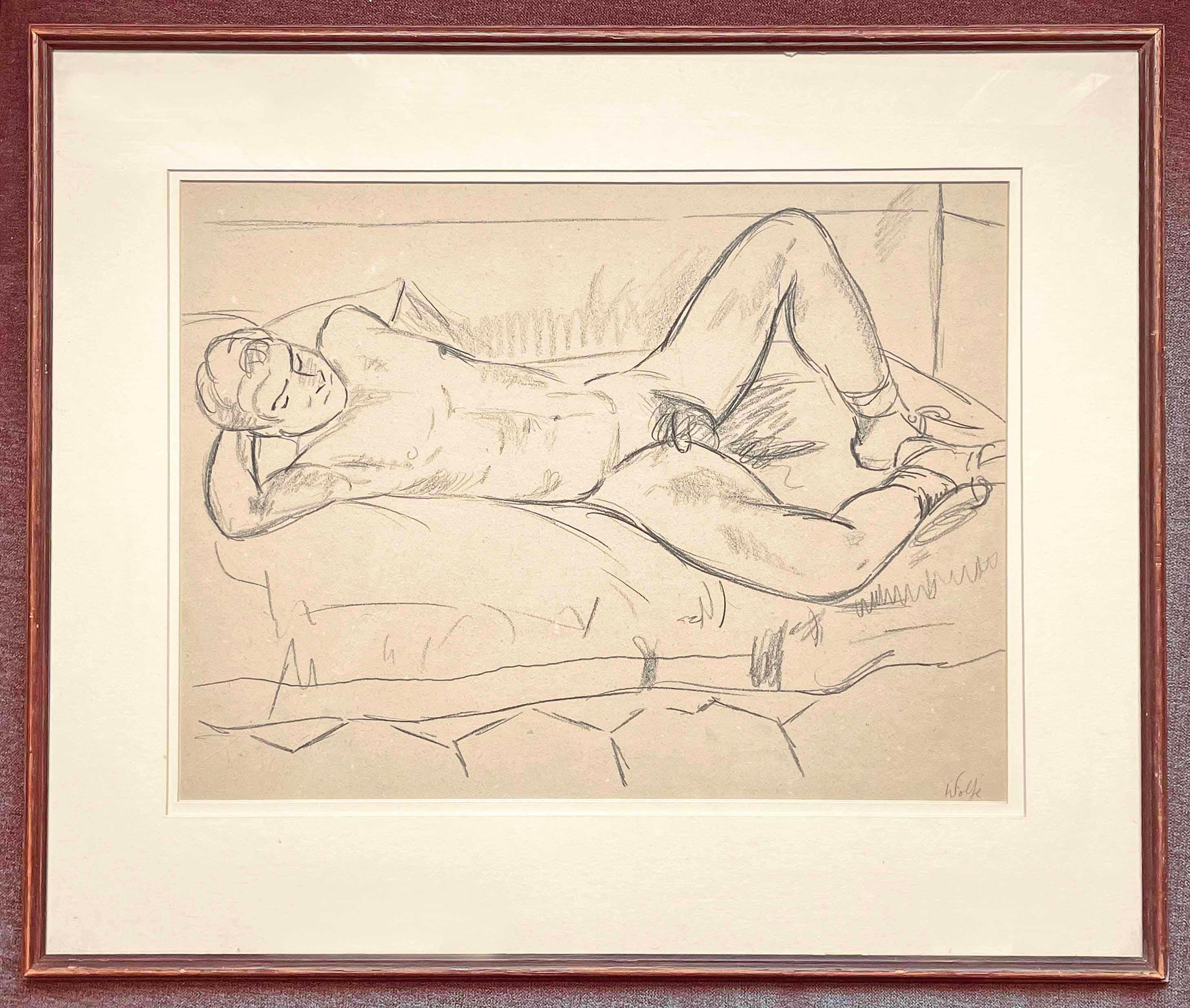 „Reclining Male Nude“, wichtige Zeichnung von Edward Wolfe, Duncan Grants Kreis (Britisch) im Angebot