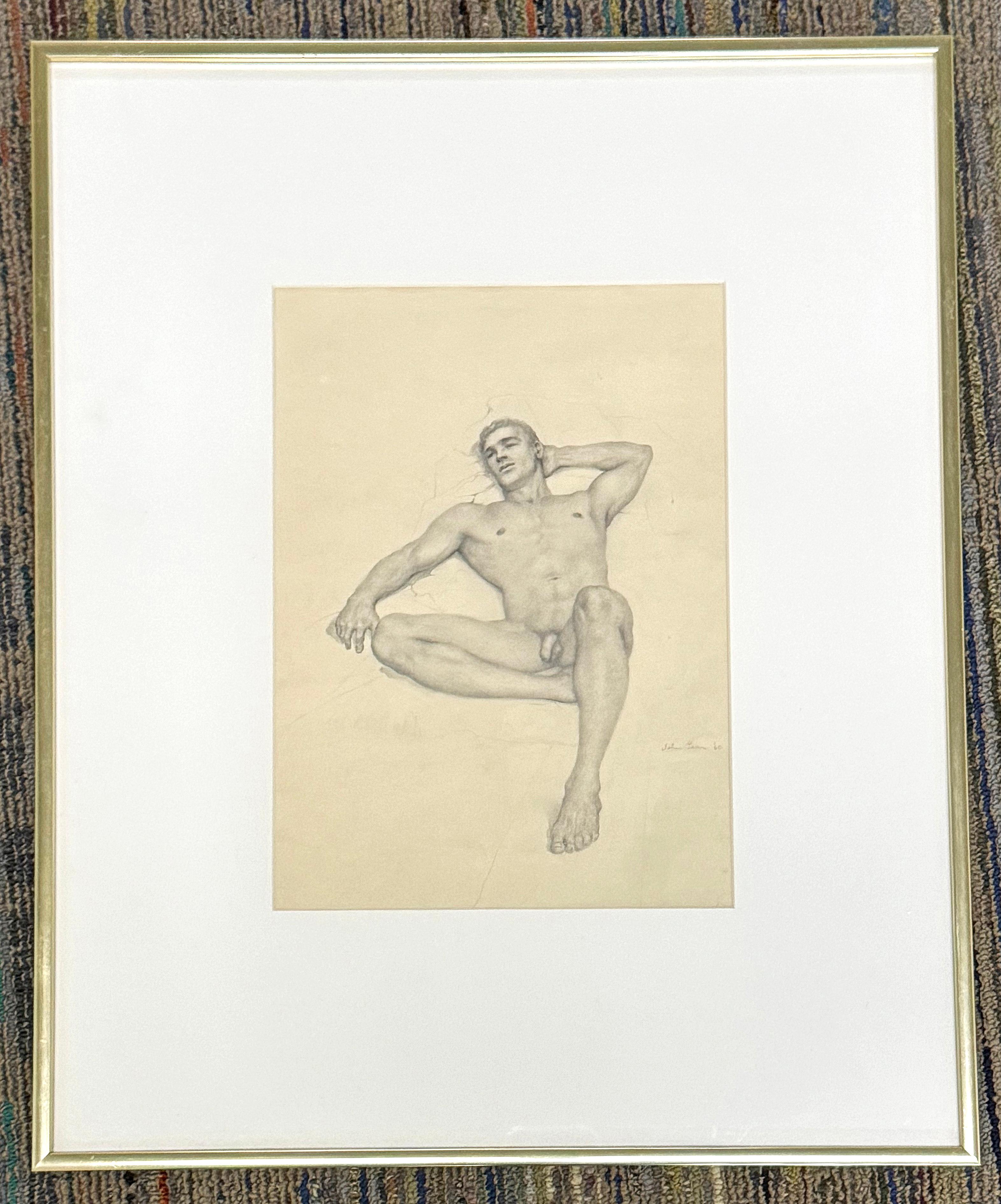 „Reclining Male Nude“, wichtige frühe Bleistiftzeichnung von John B. Lear, 1960 (amerikanisch) im Angebot