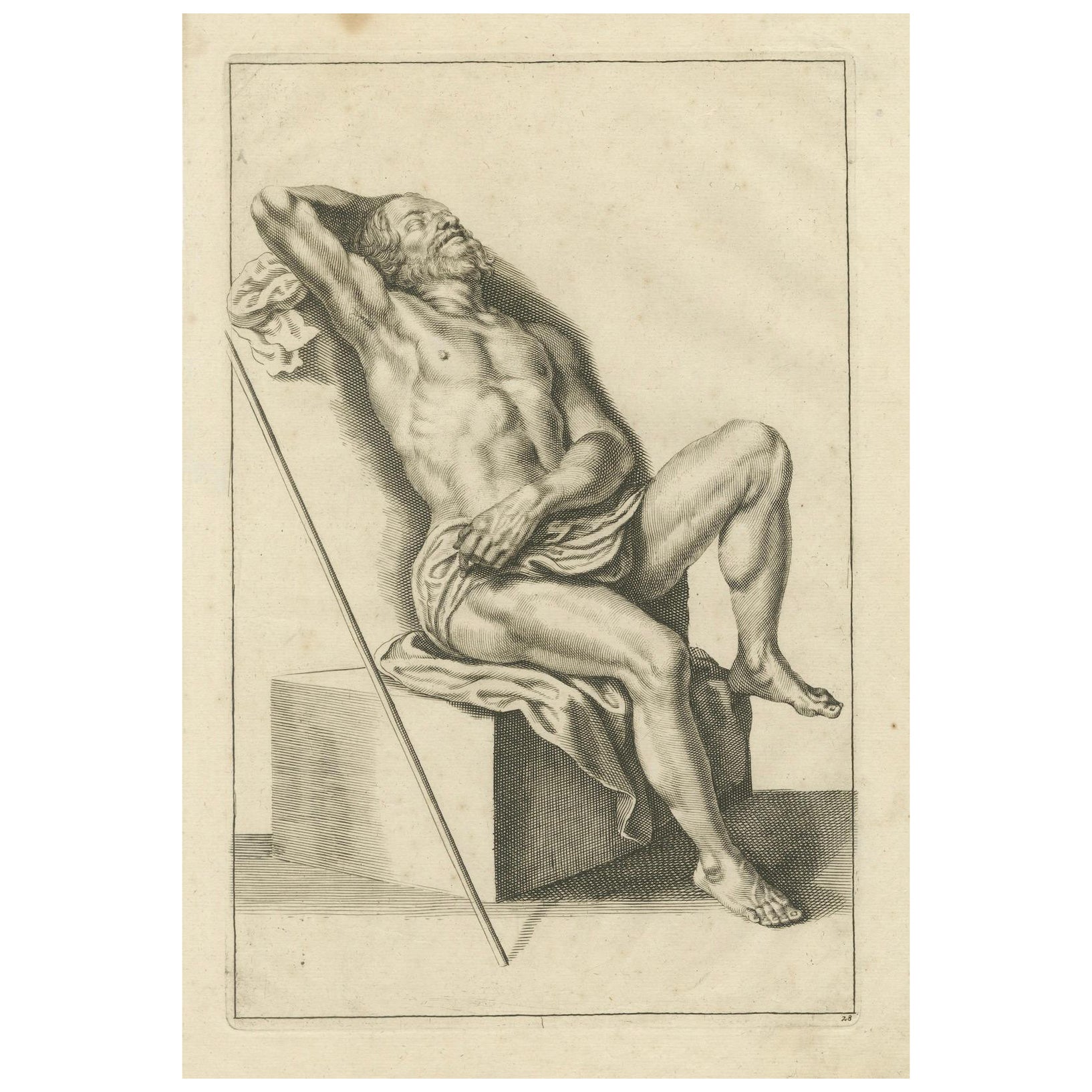 Estudio de desnudo masculino reclinado según el manual de dibujo alemán de Lairesse, ca.1745