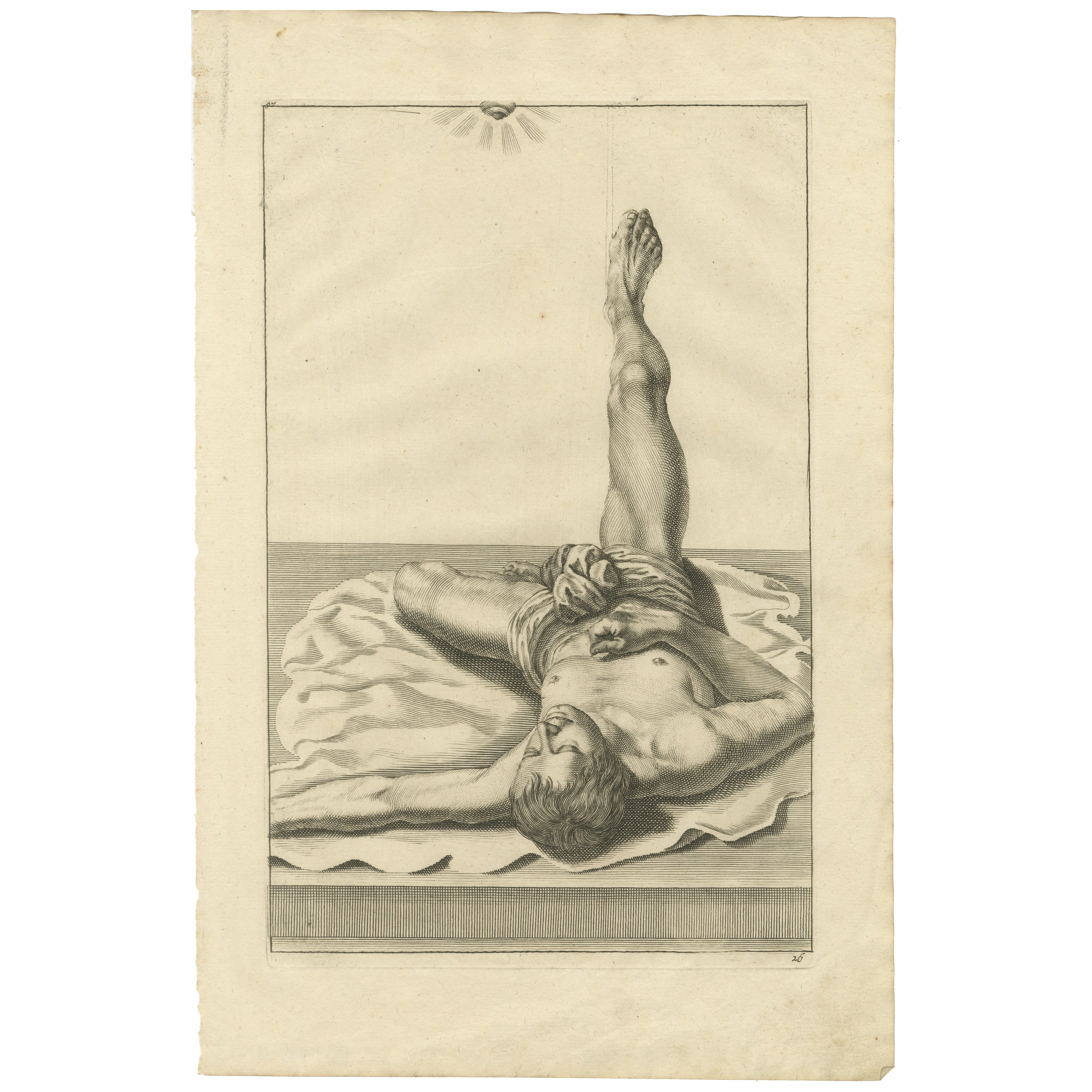 Desnudo masculino reclinado con pierna levantada según el manual alemán de Lairesse, c1745