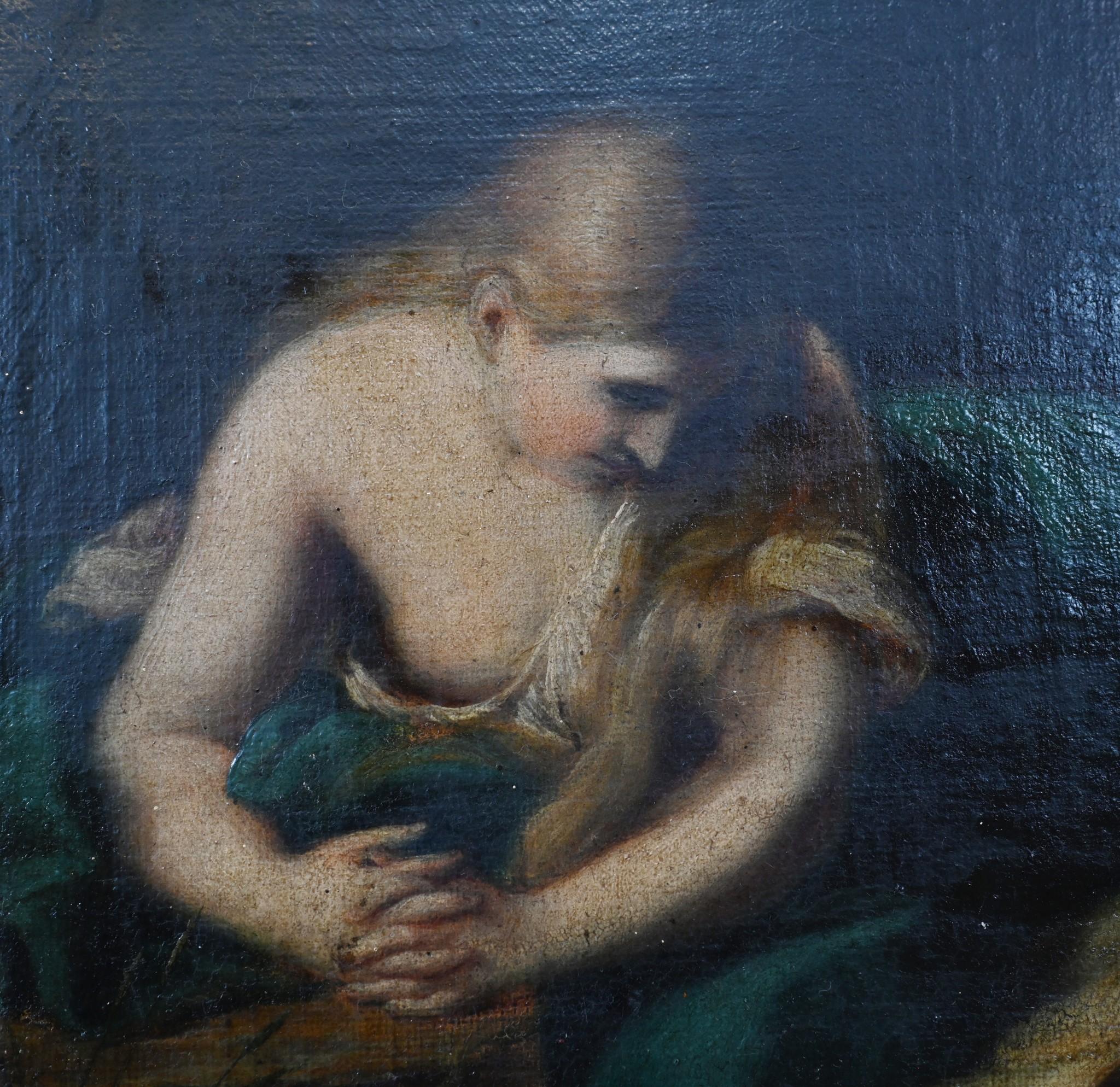 Early 18th Century Reclining Mary Magdalena Reading Oil Painting After Pompeo Batoni