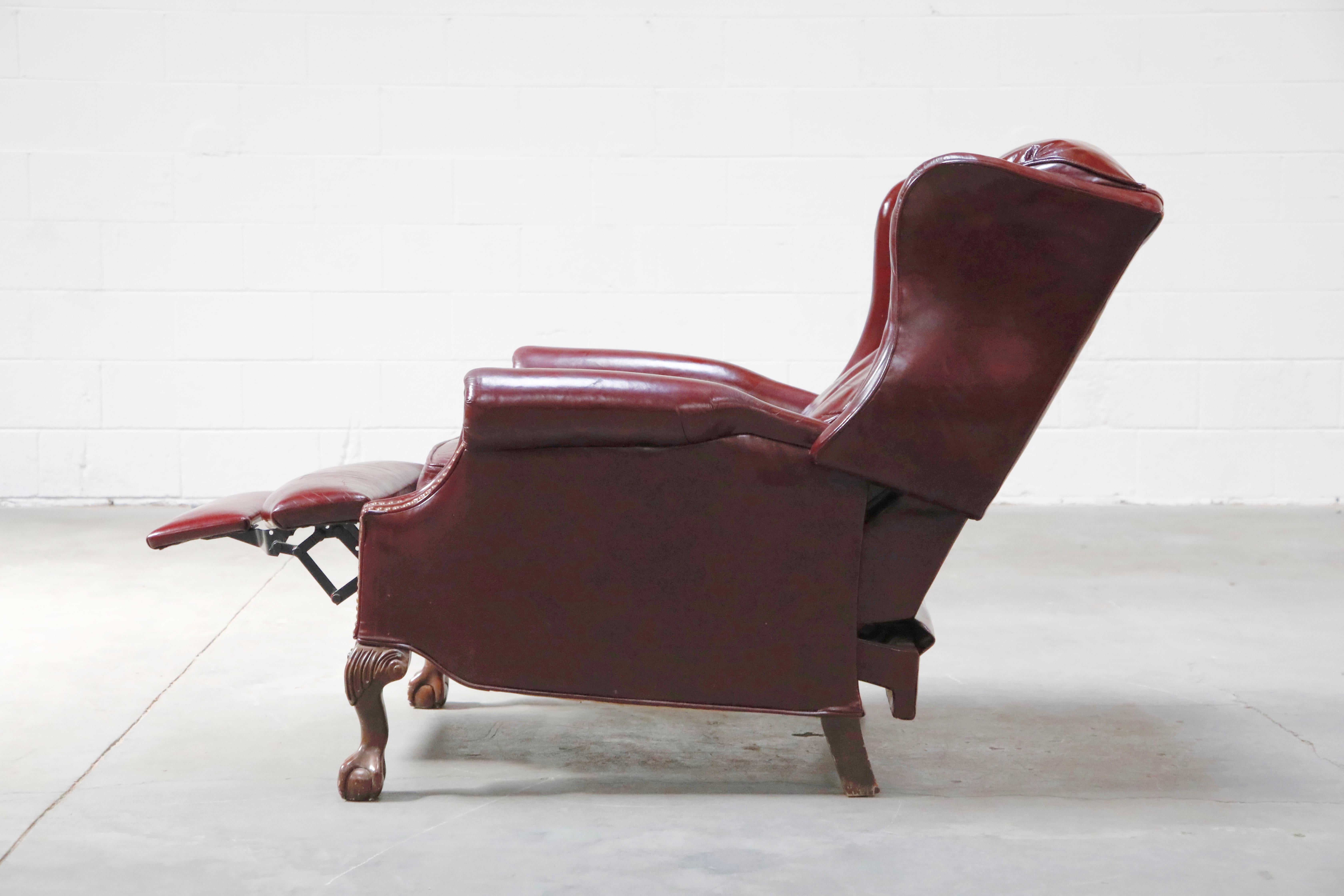 American Reclining Napoleon III Style Wingback Library Armchair in Burgundy Leather