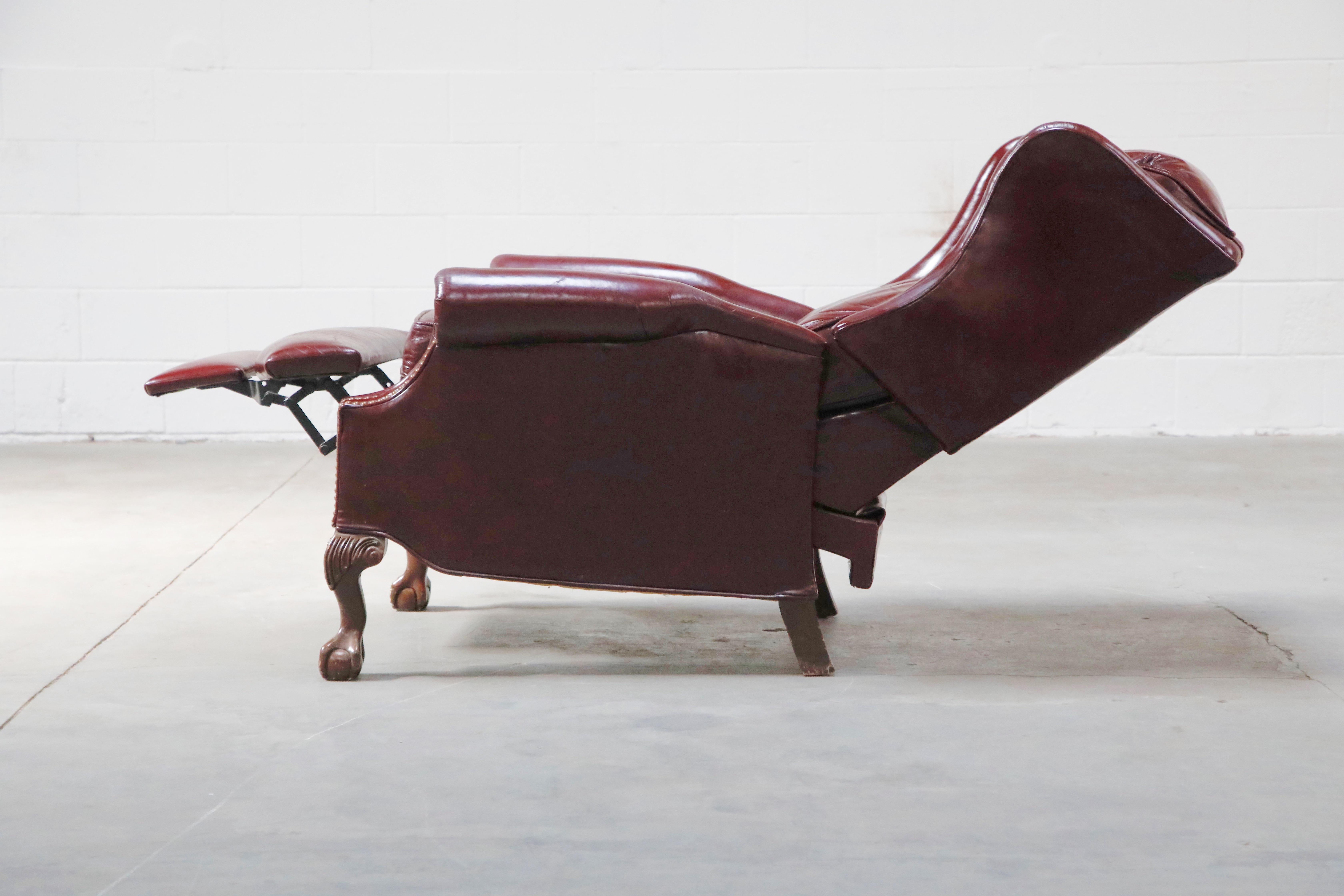 Reclining Napoleon III Style Wingback Library Armchair in Burgundy Leather In Good Condition In Los Angeles, CA