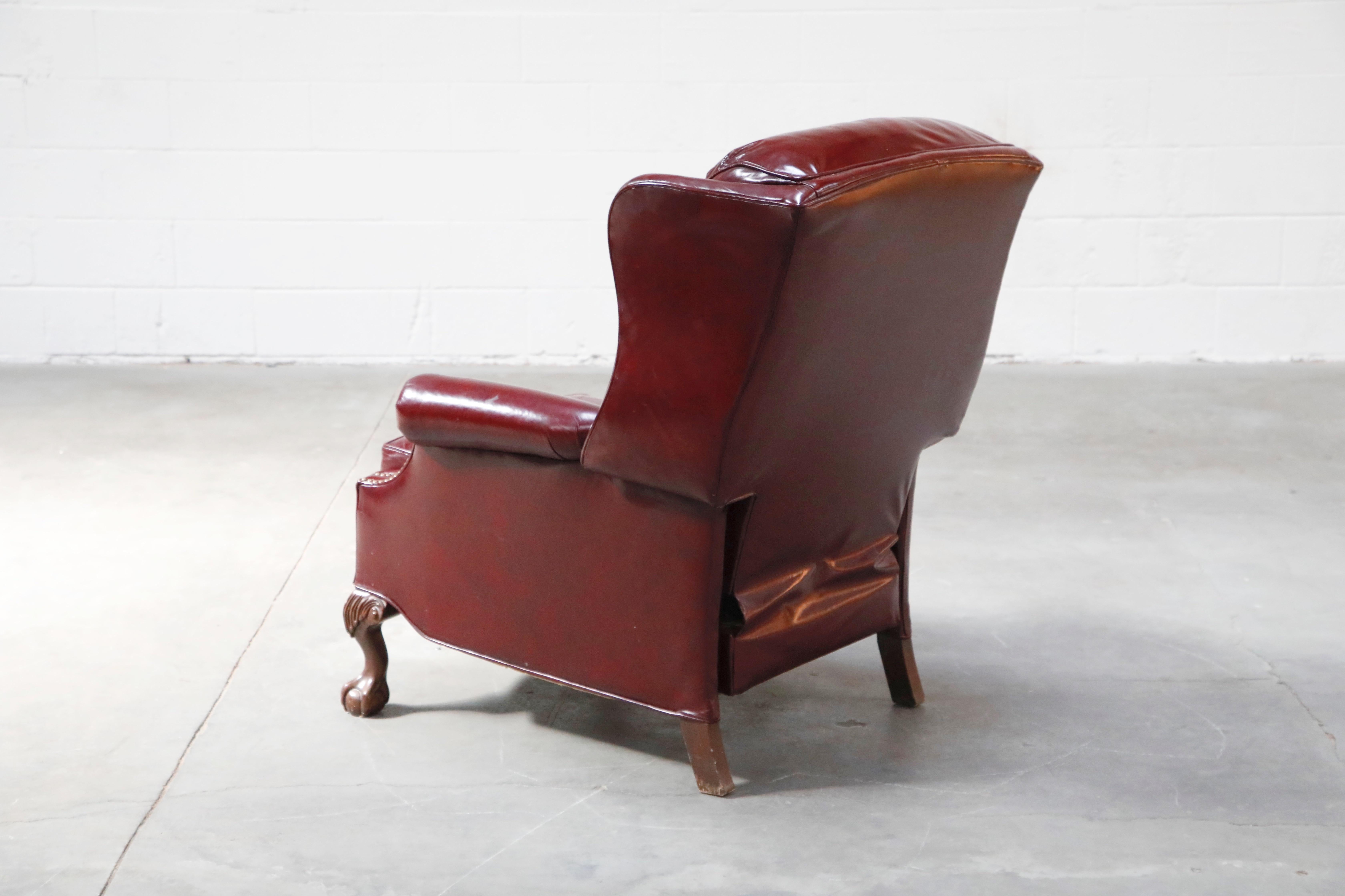 20th Century Reclining Napoleon III Style Wingback Library Armchair in Burgundy Leather