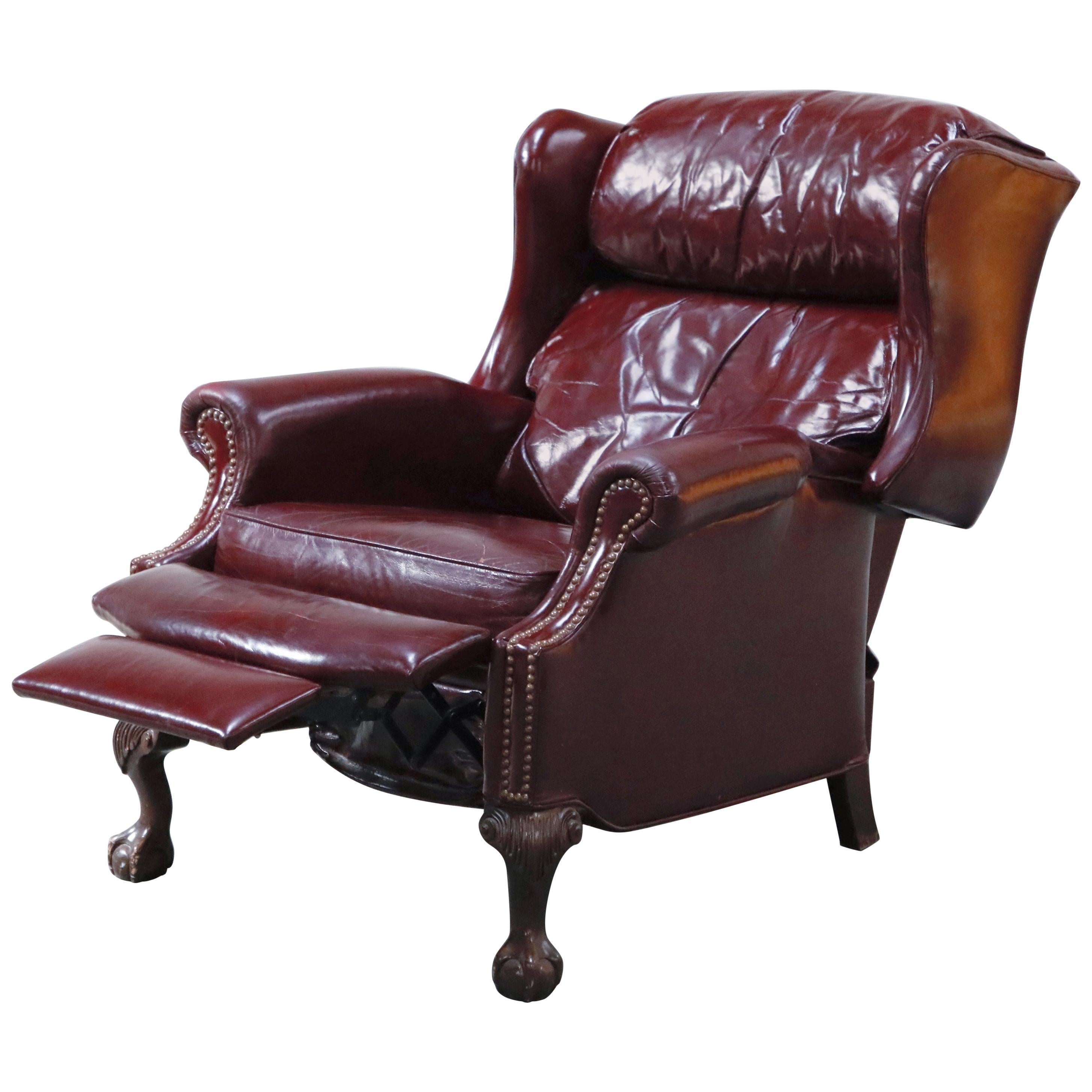 Reclining Napoleon III Style Wingback Library Armchair in Burgundy Leather