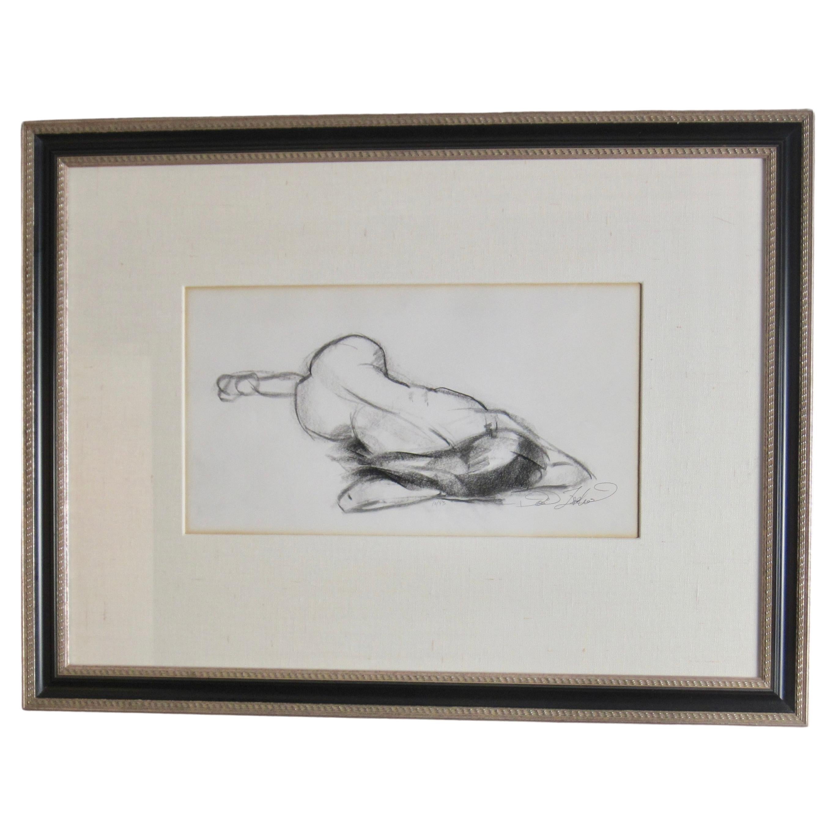 Reclining Nude Charcoal Drawing, Framed