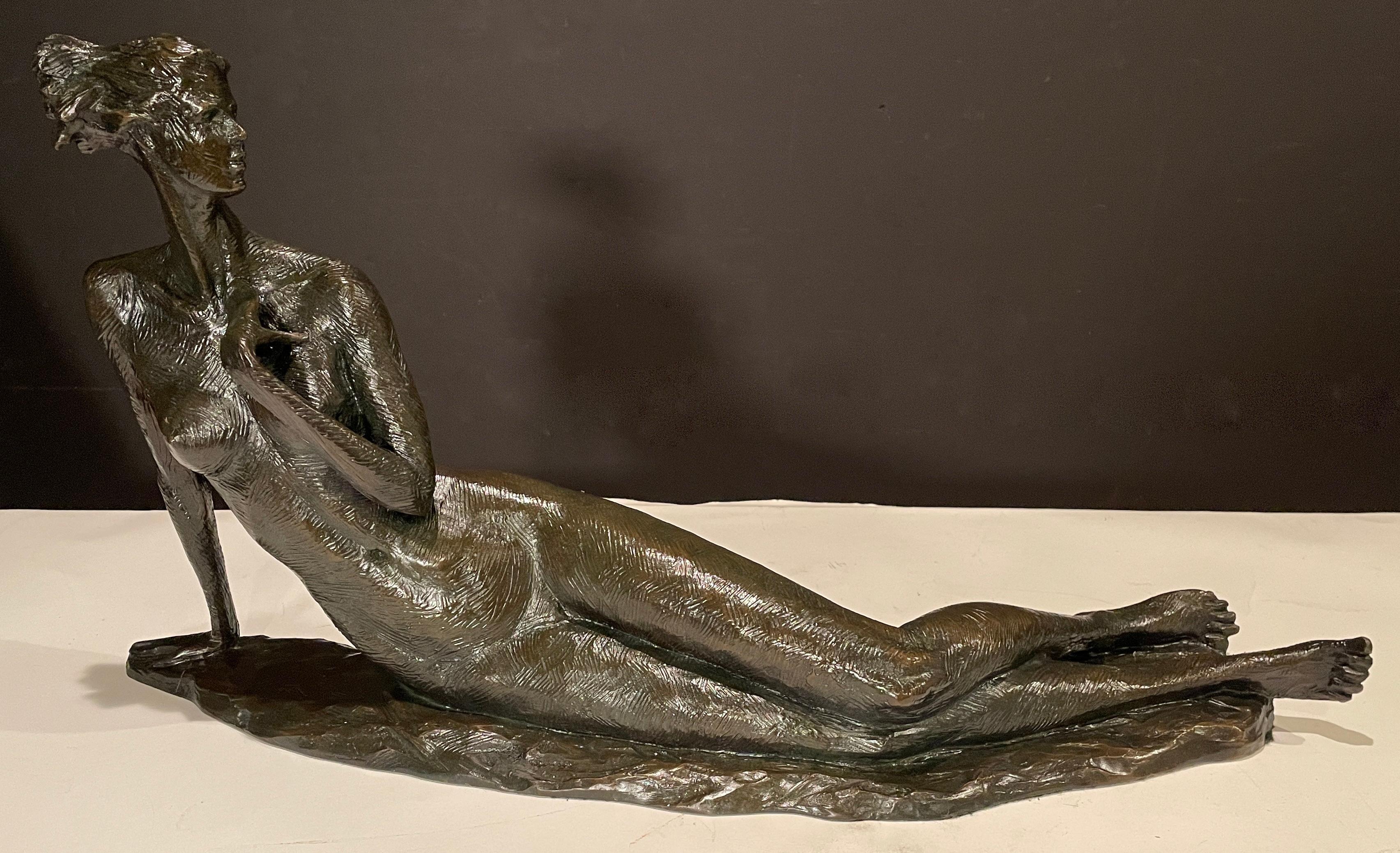 Modern Reclining Nude Female Bronze Sculpture by Thomas Corbin