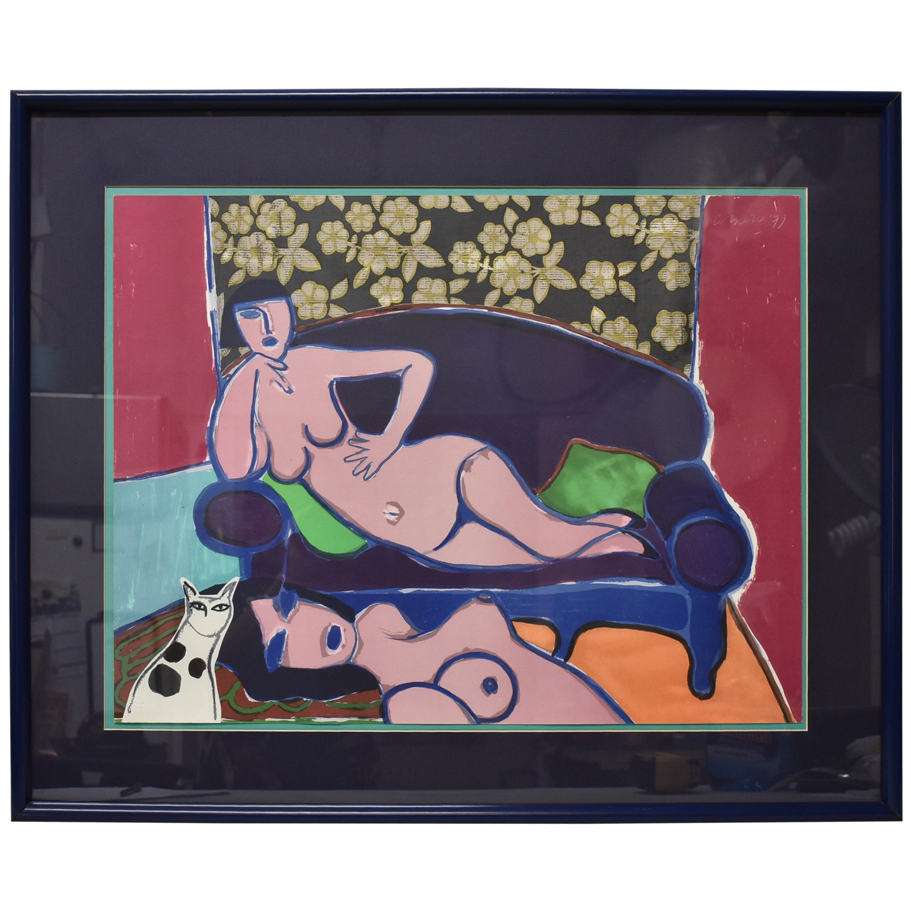 Fauteuil nu couché pour femmes avec chat de Guillaume Corneille, vers 1979