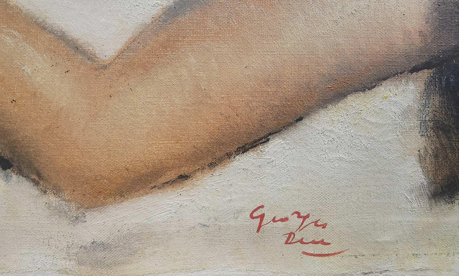 Canvas Reclining Nude Paiting, Georges Guinegault, France 1950 For Sale