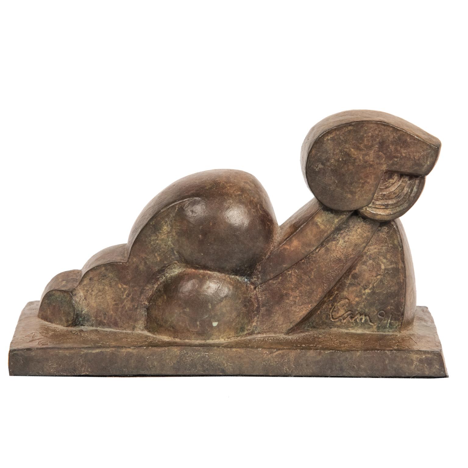 French Reclining Nude Woman Bronze Sculpture, Signed