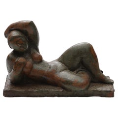 Reclining Nude Woman Sculpture in Burnt Clay