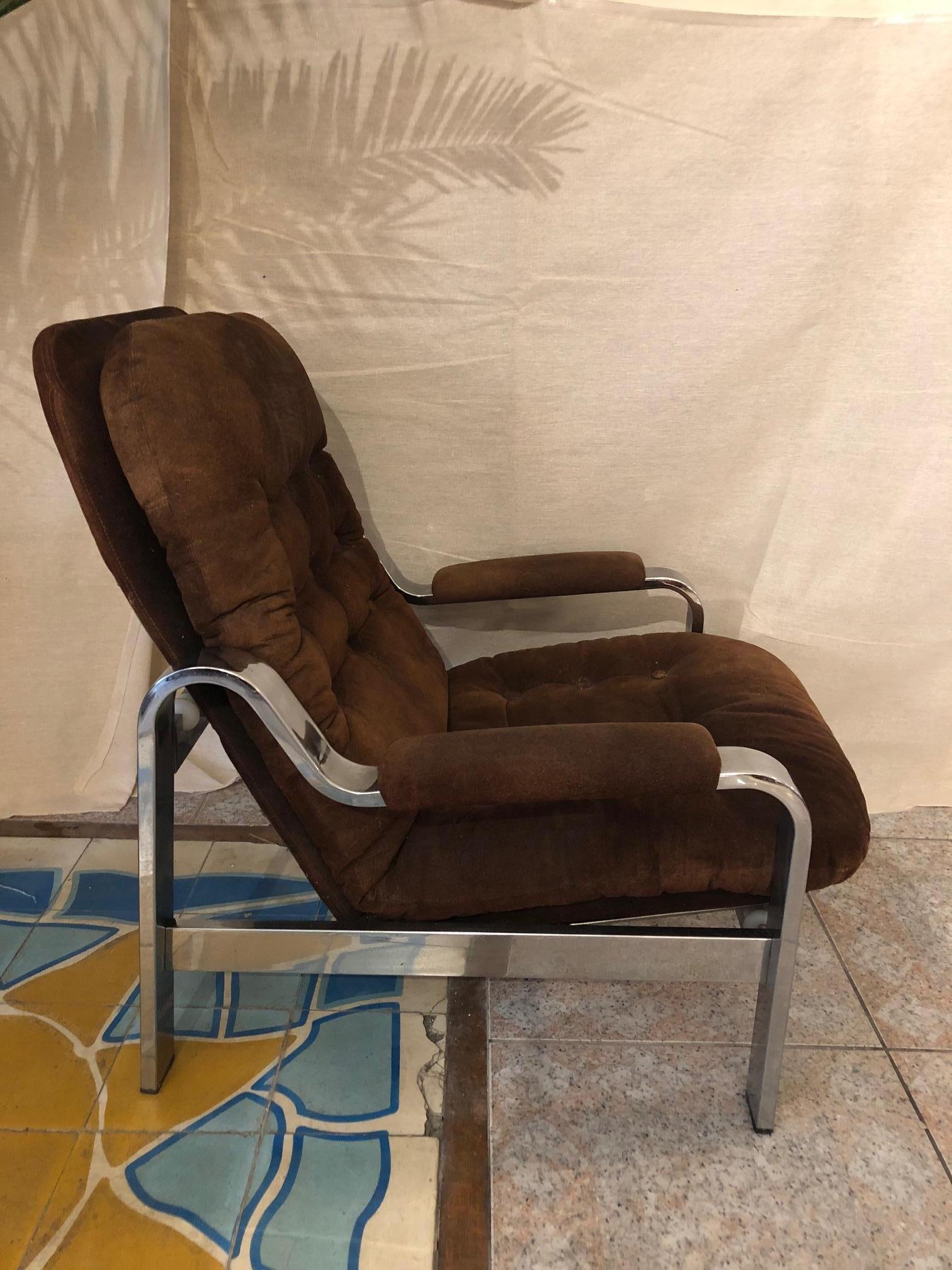 Mid-Century Modern Reclining Suede Armchair with its Matching Ottoman