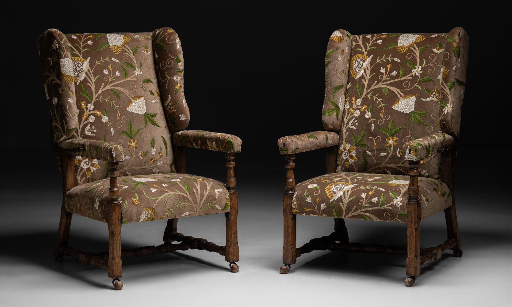 Reclining Wing Chairs in Crewel Velvet

France circa 1880

Newly upholstered in velvet crewel by Marvic, on antique reclining frame. With wooden castors.

28