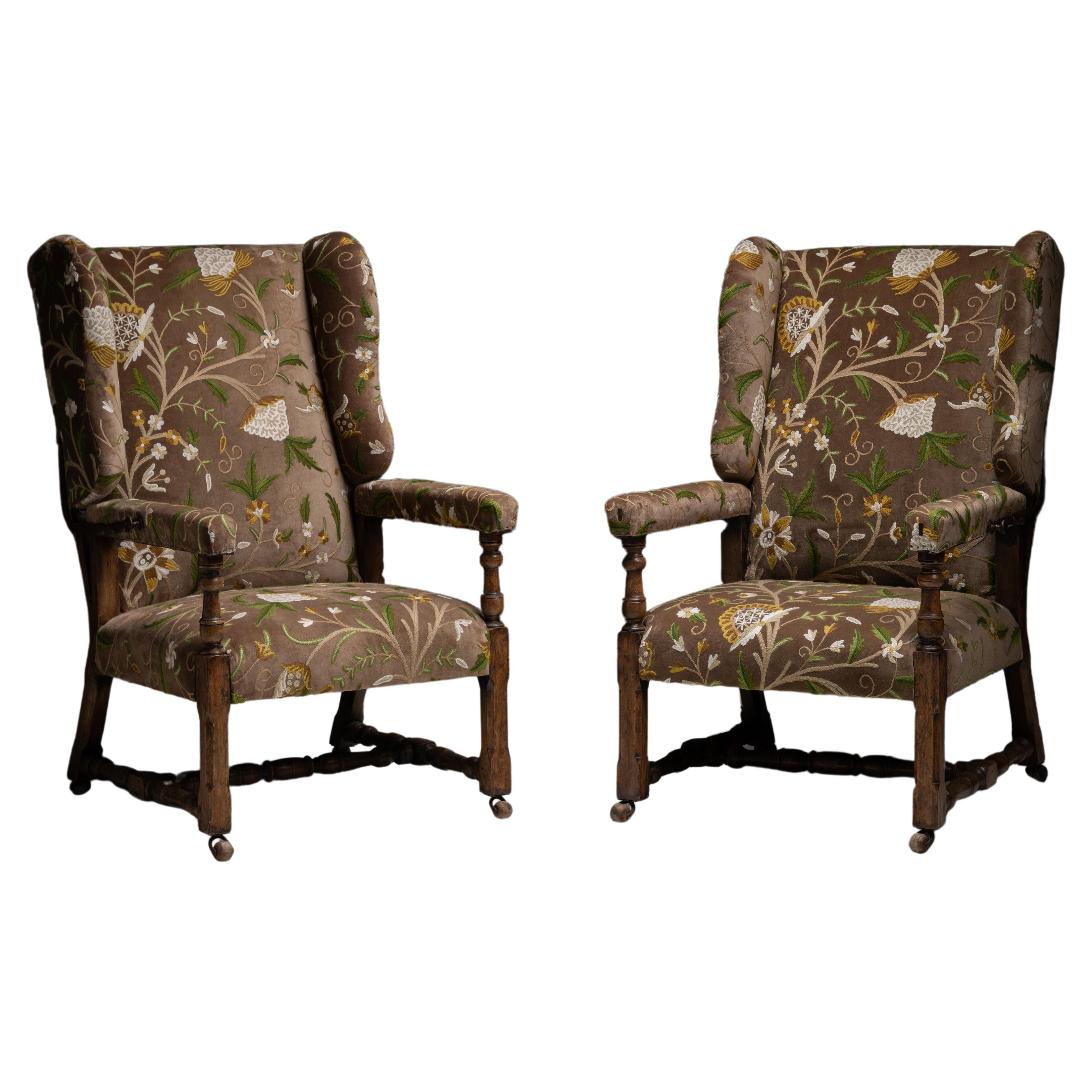 Reclining Wing Chairs in Crewel Velvet, France circa 1880 For Sale