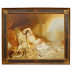 Reclining Woman Painting, Antique Middle Eastern Scene, 26x37.5 Inches