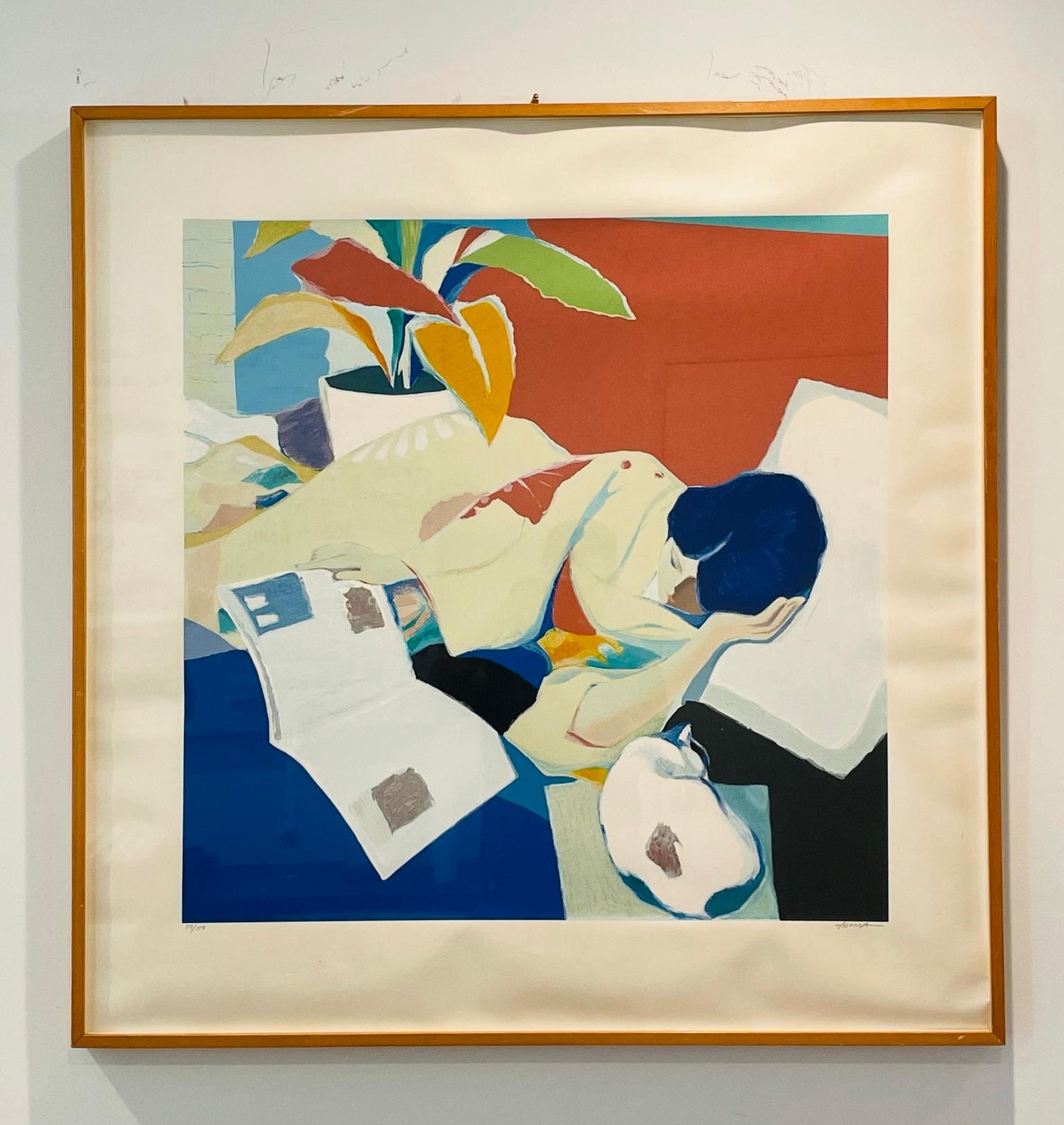 Limited edition lithograph by Japanese artist Tadashi Asoma, signed and numbered 57 of an edition of 150.

The piece depicts a female reading on her bed with a cat seating next to her, lots of color and attention to detail.

Measurements:
36.50