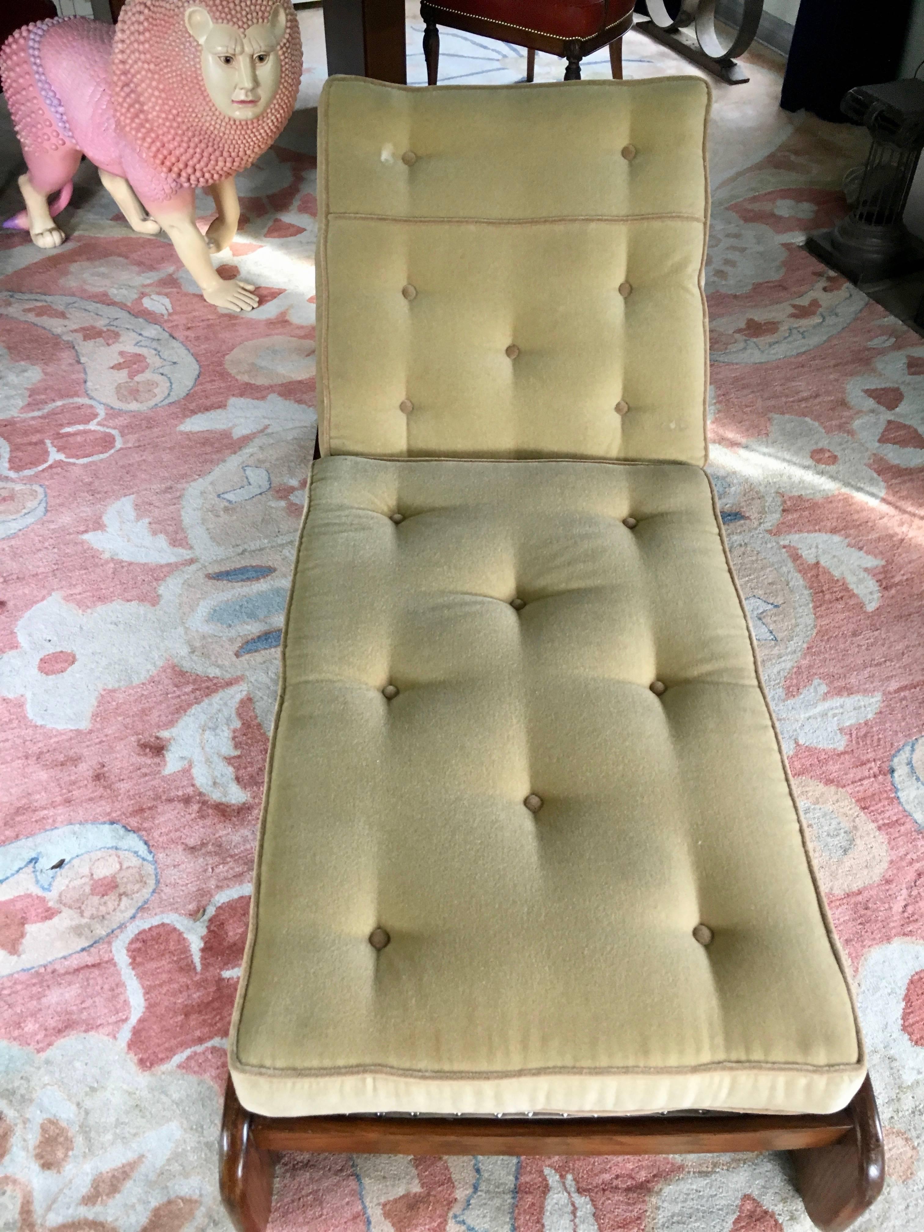 Reclining wooden chaise in mohair - elegant midcentury style wooden chaise, this piece is priced to lower than usual due to some over spray that is on the rear cushion (see images). We are happy to reupholster in COM for an additional fee.

The