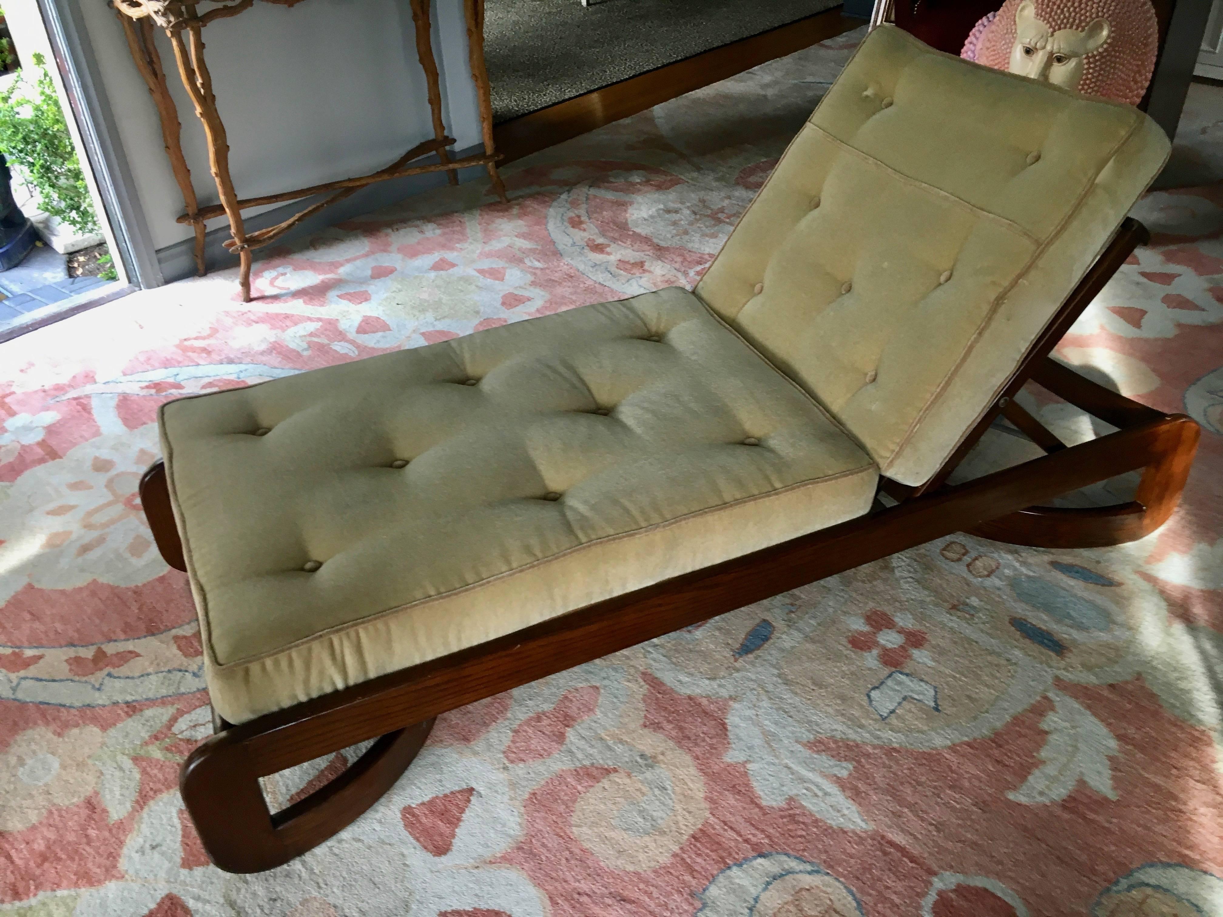 Mid-Century Modern Reclining Wooden Chaise in Mohair