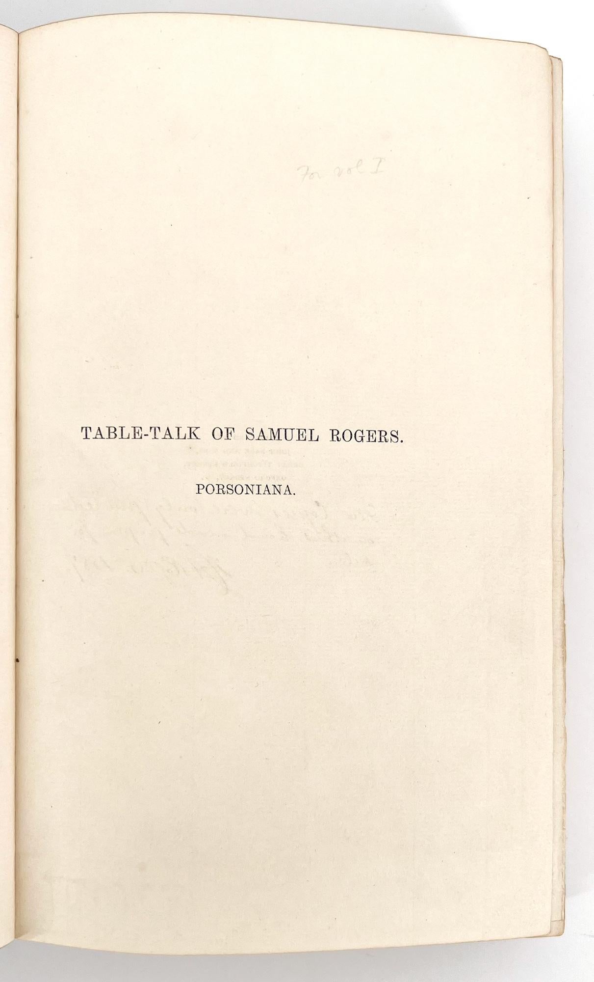 Recollections de la table Talk of Samuel Rogers à laquelle est ajoutée Porsoniana ; en vente 12