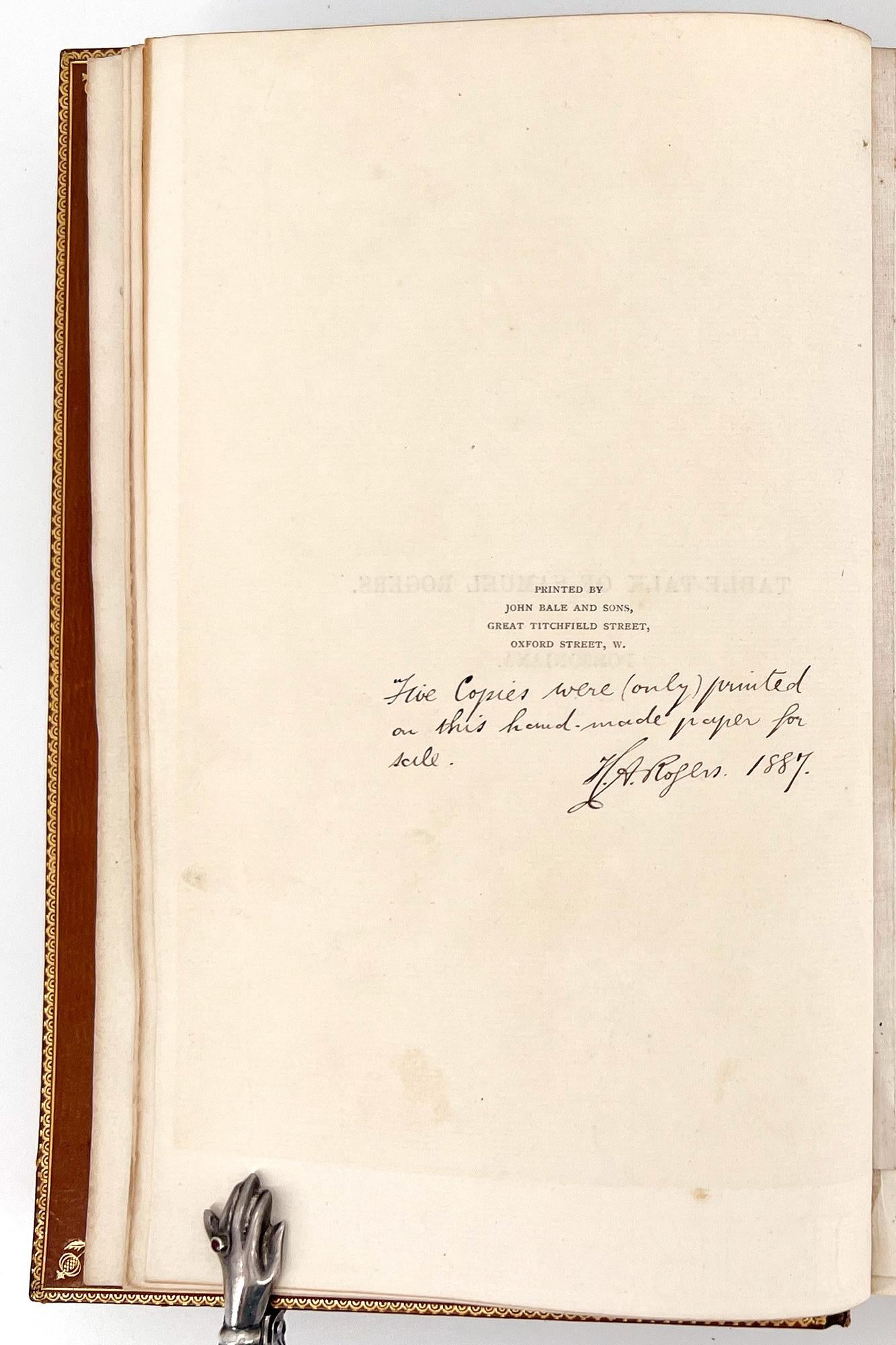 RARE, LIMITÉ À 5 EXEMPLAIRES, SIGNÉ PAR ROGERS, EXTRA-ILLUSTRÉ DE MANIÈRE EXTRAVAGANTE, FINEMENT RELIÉ PAR FAZAKERLEY.

New Southgate : John Bale and Sons pour H.A. Rogers, 1887. 

Édition limitée extra illustrée. 2 volumes, 8vo, 9 7/8 x 5 1/2
