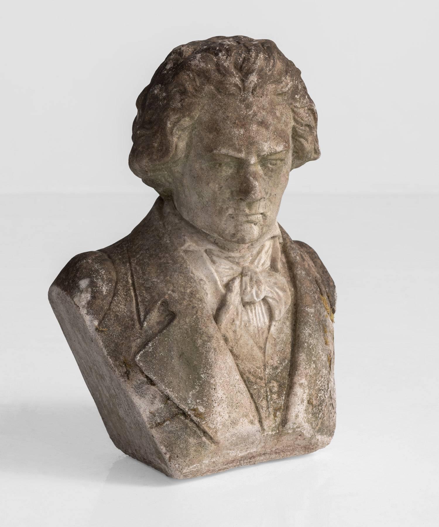 Reconstituted stone bust of Beethoven, circa 1960.

Smaller than lifesize portrait with beautifully weathered patina.