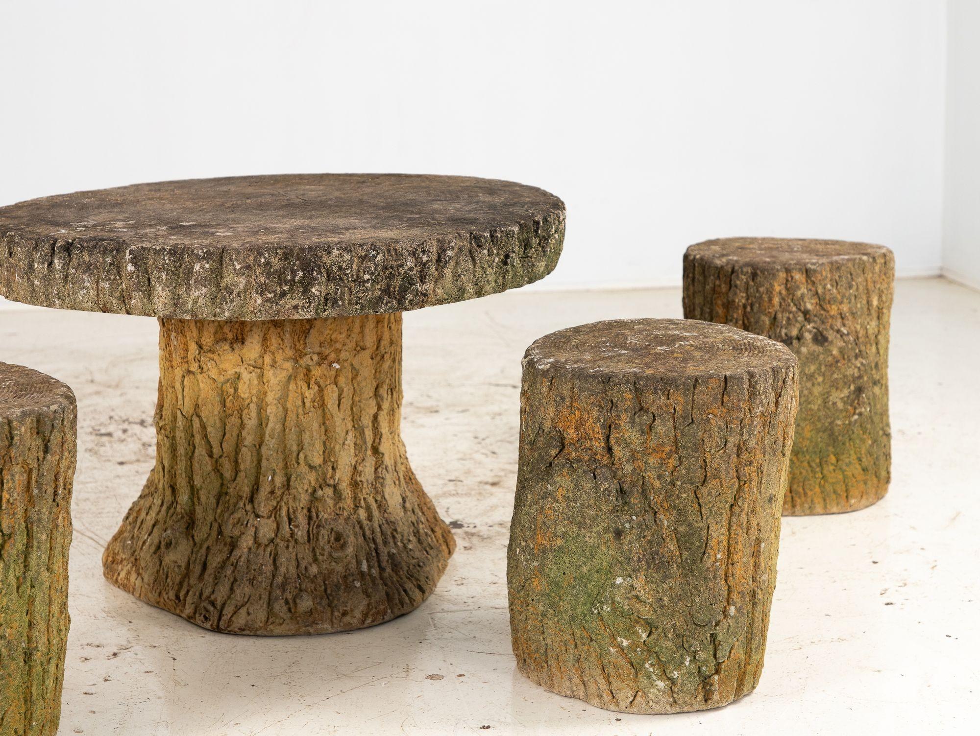 Reconstituted Stone Faux Bois Table and Stools, France Mid 20th Century, 20.5