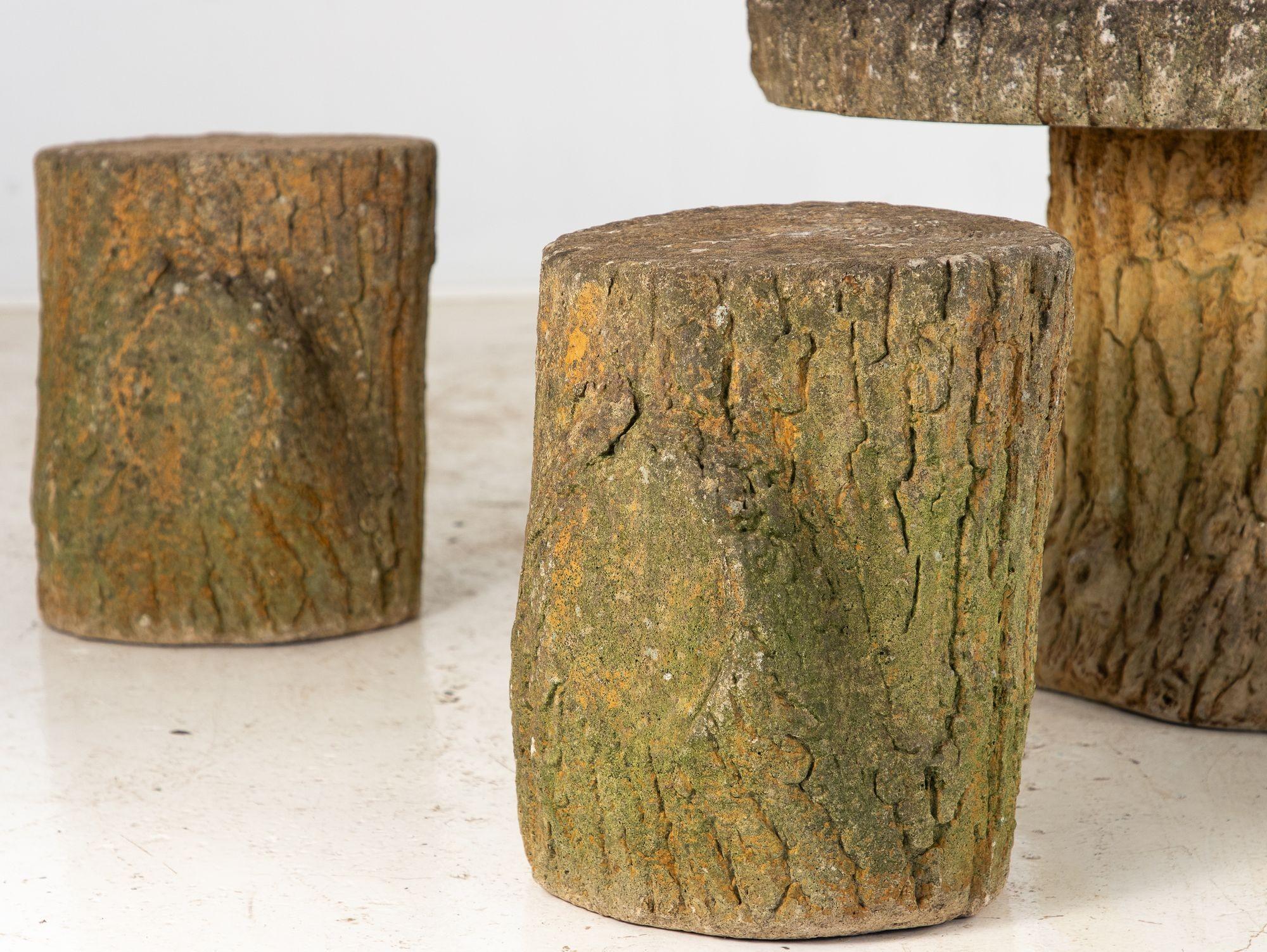 Reconstituted Stone Faux Bois Table and Stools, France Mid 20th Century, 20.5