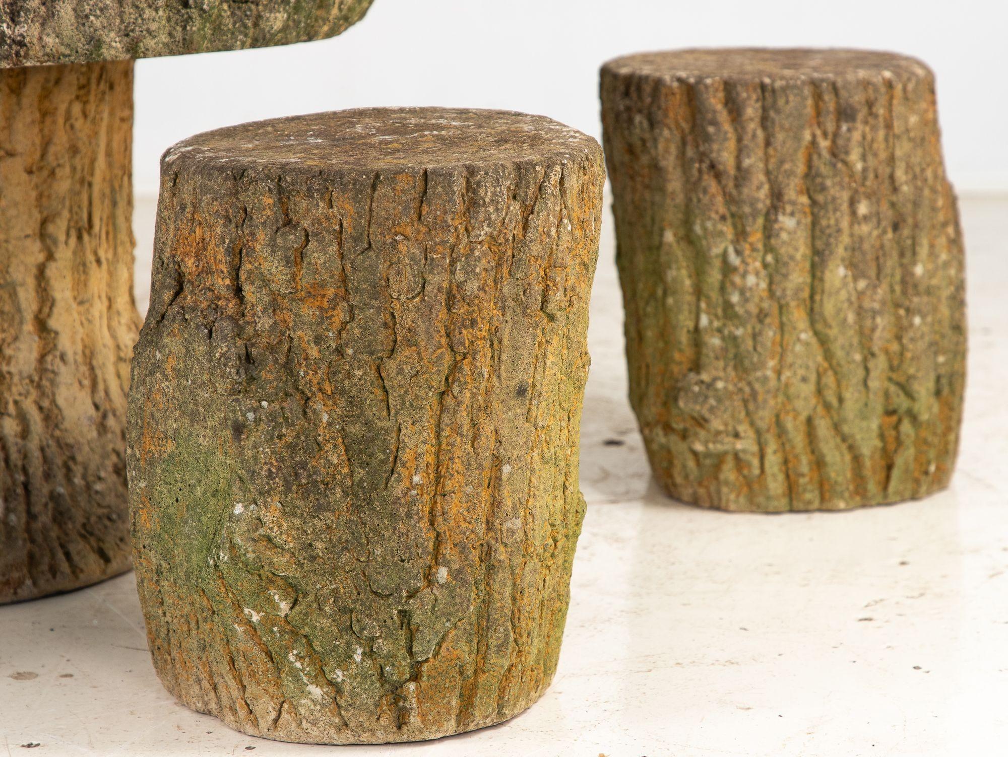 Reconstituted Stone Faux Bois Table and Stools, France Mid 20th Century, 20.5