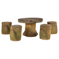 Reconstituted Stone Faux Bois Table and Stools, France Mid 20th Century, 20.5"h