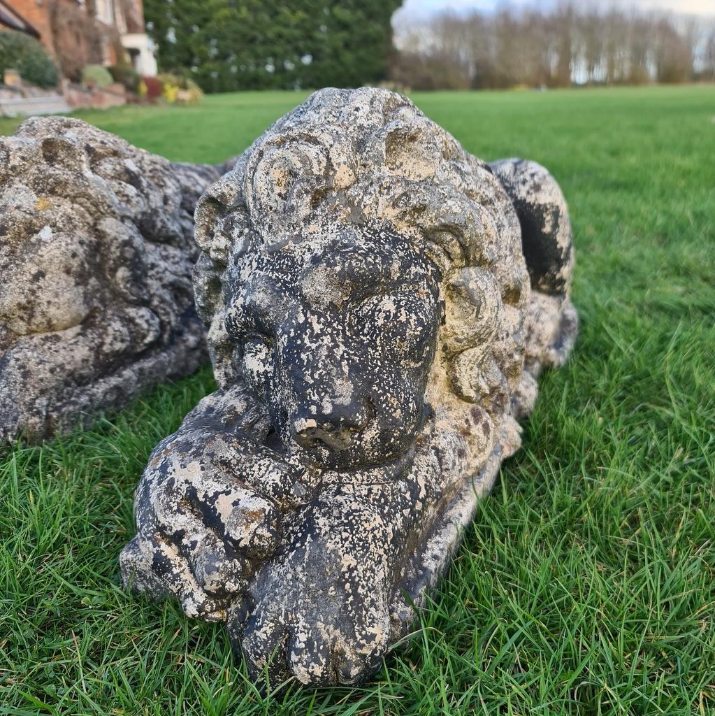 Pair of 20th century reconstituted stone sleeping lions. Good weathering and patina, 1950.


Dimensions:
8 inches (20 cms) wide
25 inches (64 cms) deep
12 inches (30 cms) high.