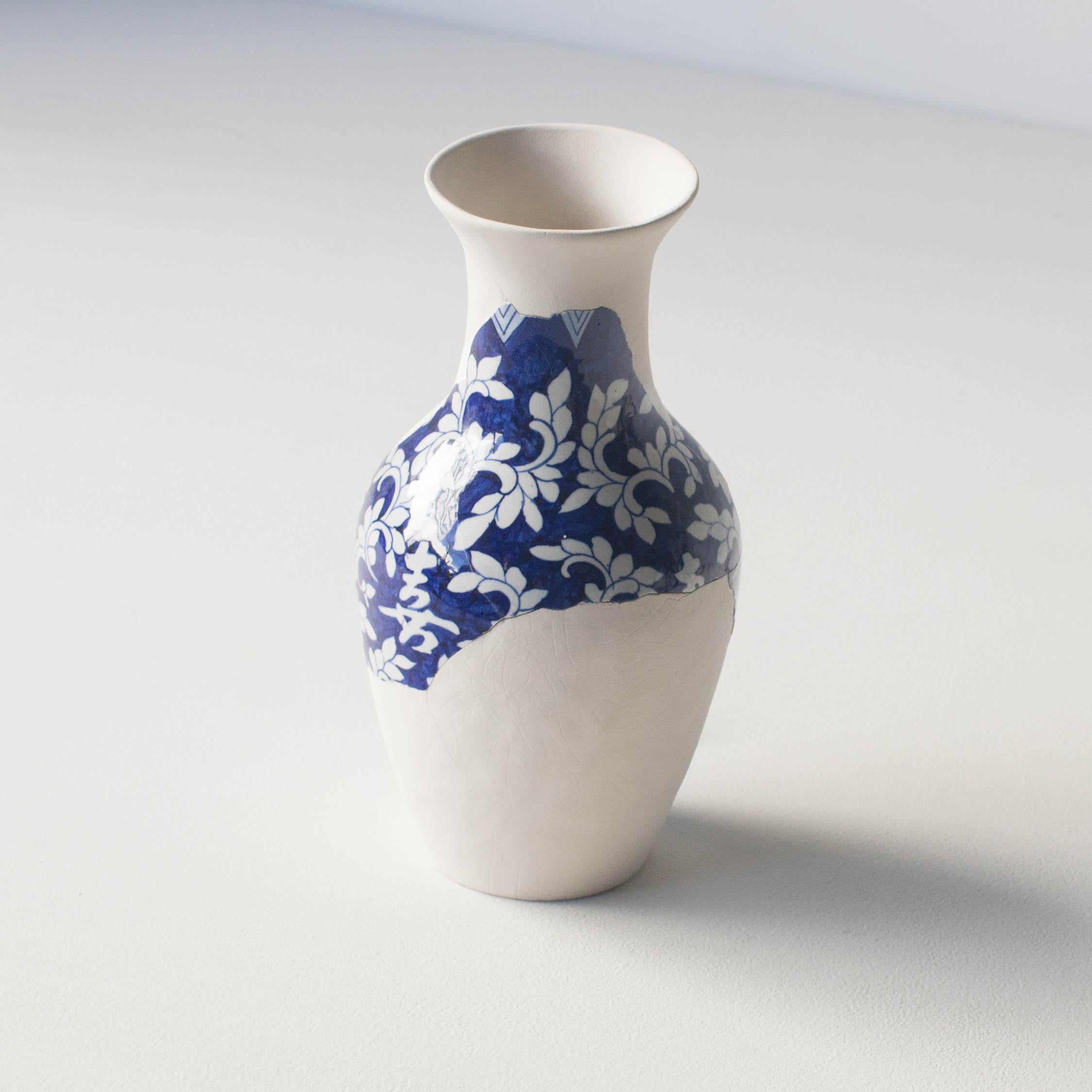 This series of ceramics are unique work by Norihiko Terayama. He broke ceramic at first, and make it into a lot of fragment. He rasp some of fragment 
 and get their patterns on surface out. He put them back to original shape while adhering them