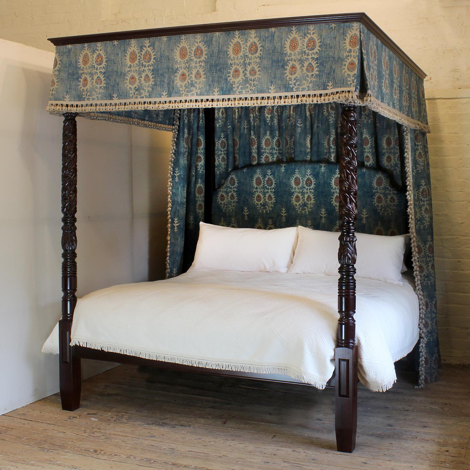 A bespoke hand-crafted four poster bed using original antique decorative front posts. Our skilled craftsmen in our Welsh workshops will reconstruct a four poster bed in the same style as an original antique four bed using a set of stunning genuine